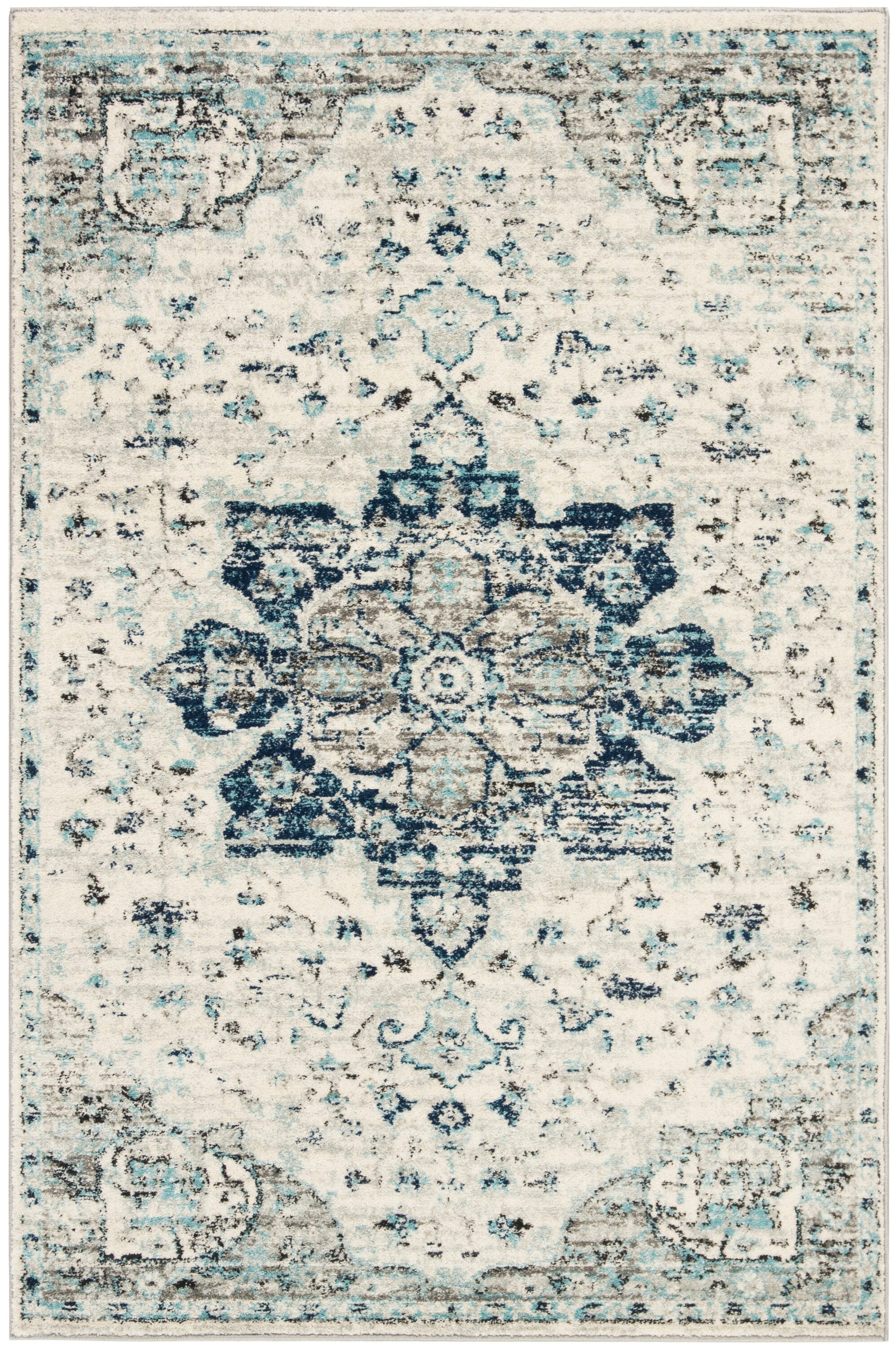 Ivory/Navy Synthetic 4' x 6' Easy-Care Stain-Resistant Area Rug