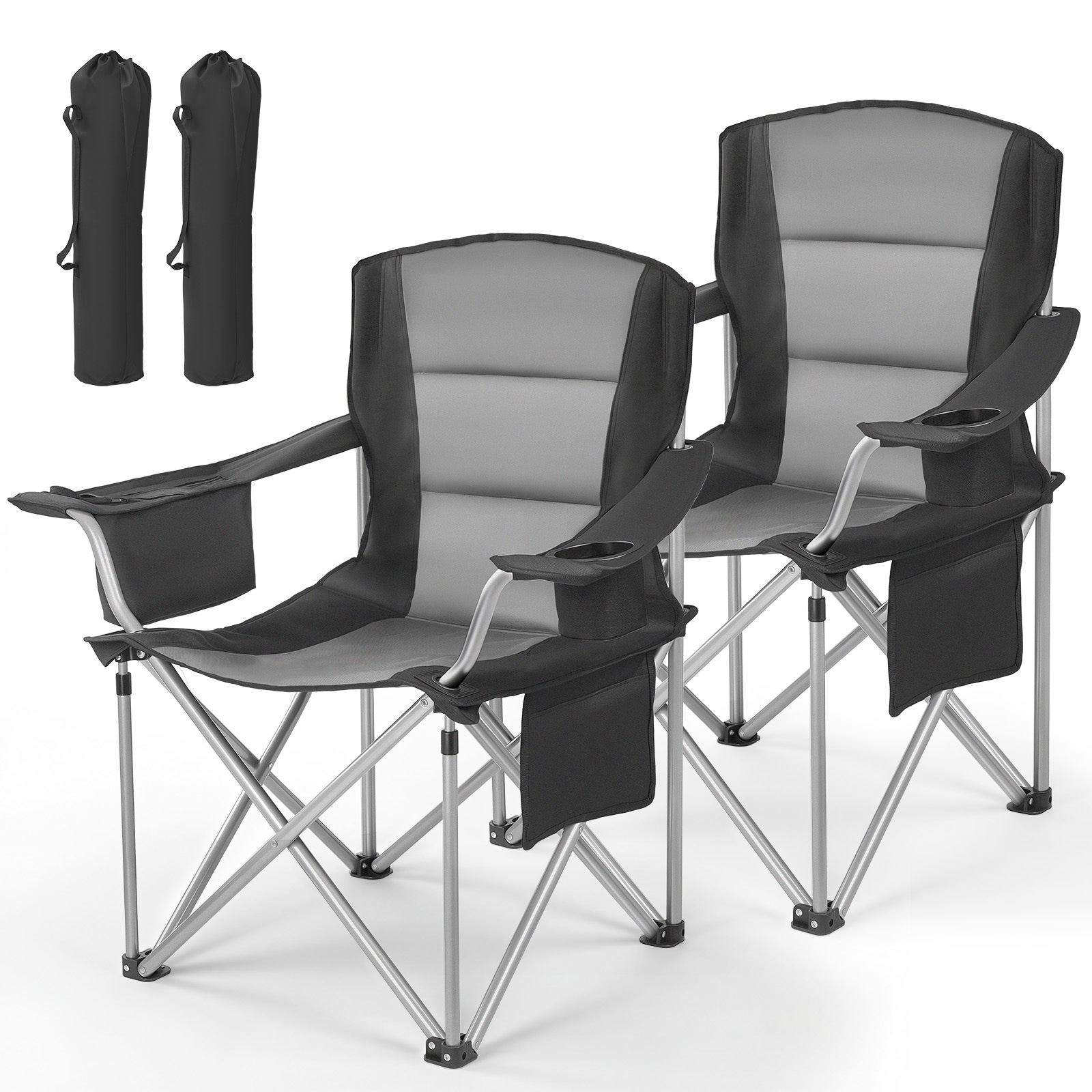 GIVIMO 2-Pack Oversized Folding Camping Chairs - 450-lb Capacity 600D Oxford Camp Chairs with Padded Backrest and Armrests - 24.4-in Seat Width and 19.5-in Seat Height - Cooler Bag Cup Holder Side Pocket and 2 Carry Bags for Camping and Fishing