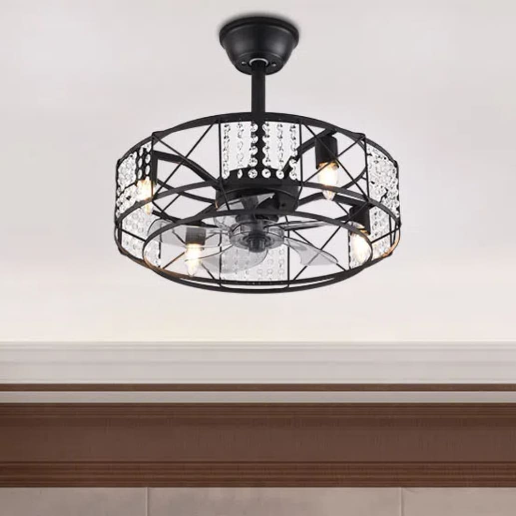 Oukaning HG-HCX-8482 20-Inches Black Crystal Decor Caged with ABS Blades Indoor Downrod mount Fandelier Ceiling Fan Light kit compatible and Remote ( 5 -Blade)