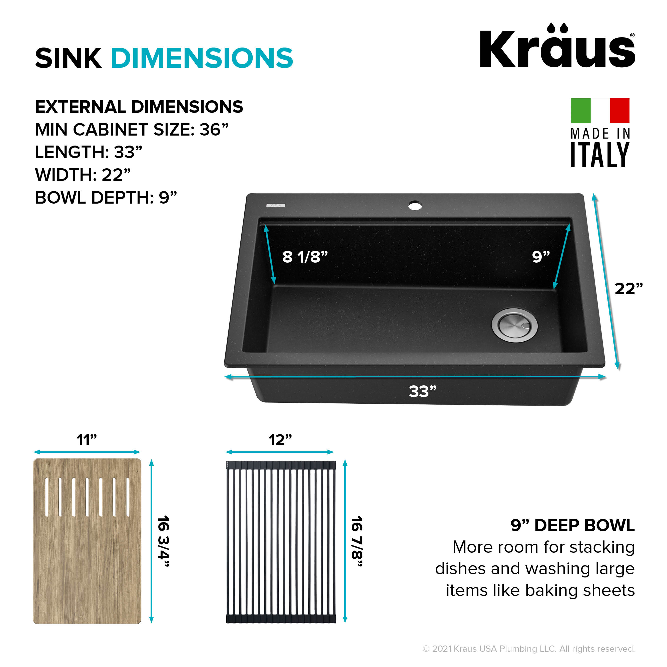 33 in. Metallic Black Granite Composite Single Bowl Kitchen Sink with Accessories