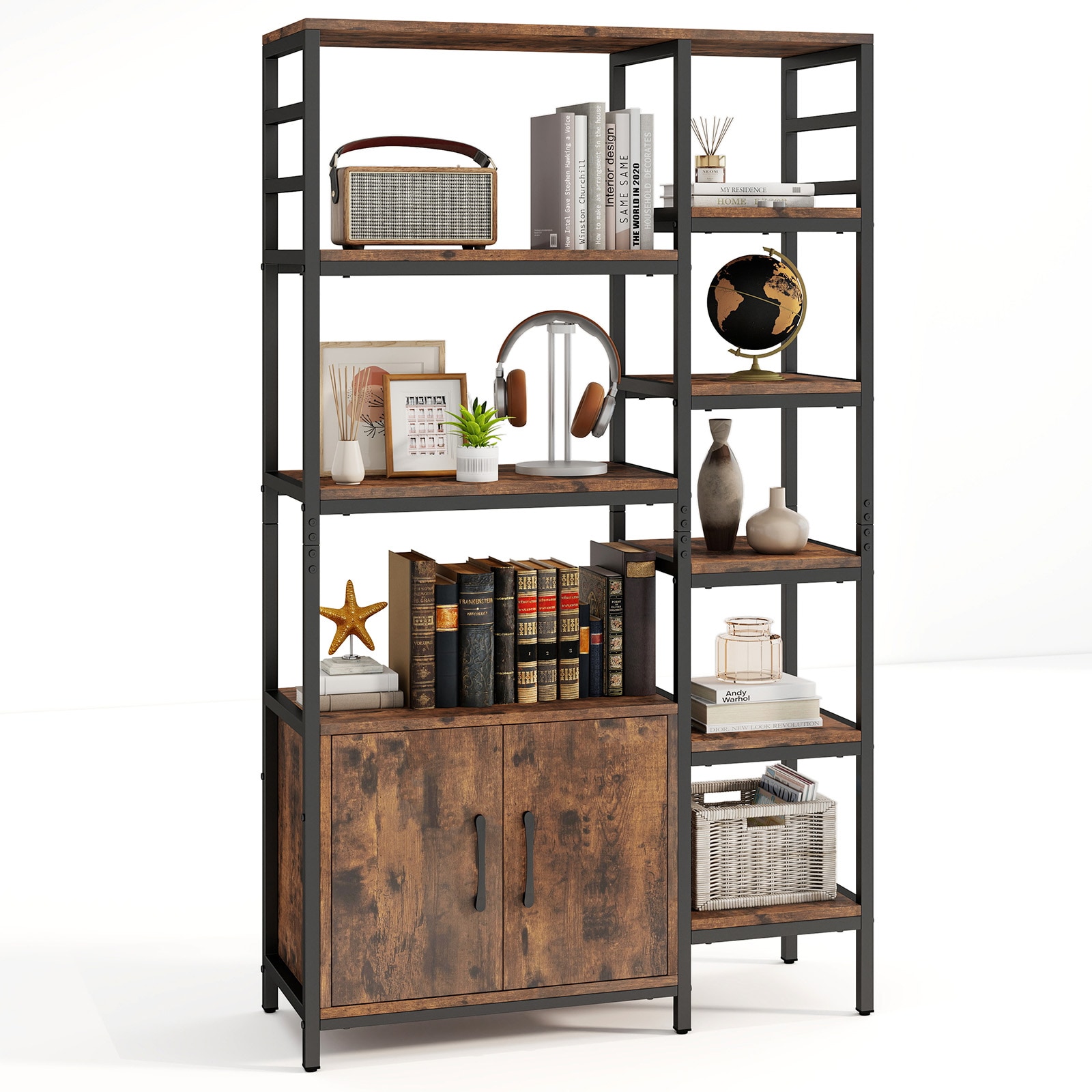 Volenca Double Wide 8-Tier Bookshelf 55.5-in Tall with 2-Door Cabinet and 330-lb Capacity