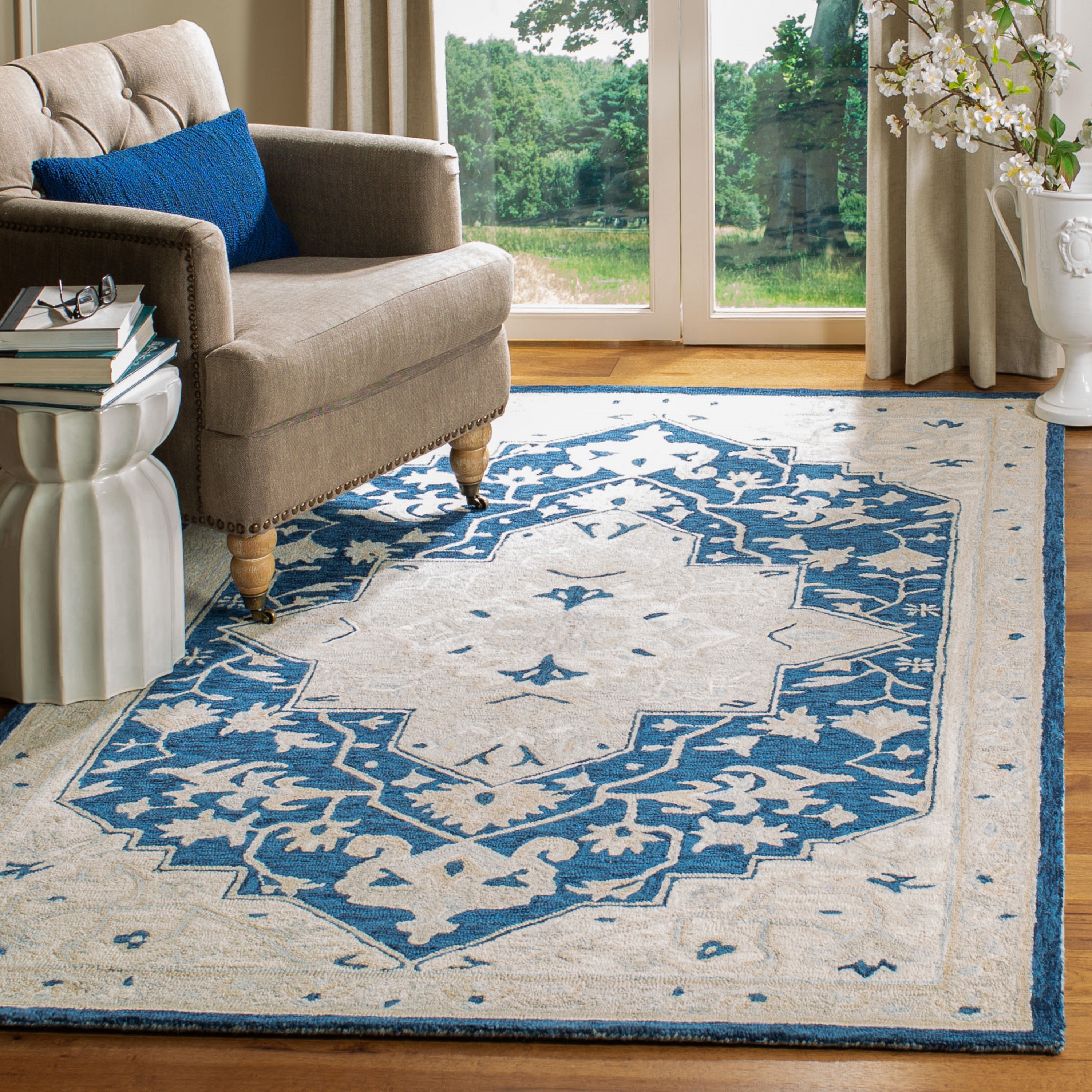 Safavieh MLP505N-9 Micro-Loop Balaque 9 x 12 (ft) Tufted Wool Navy/Ivory Rectangular Indoor Floral/Botanical Vintage Area rug