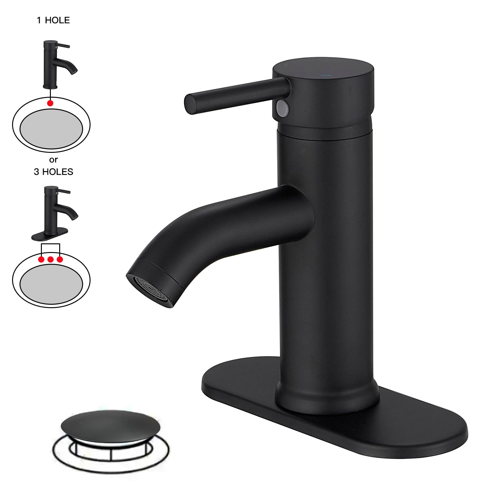 BWE A-99052-B-2 Abyssal Hush Matte Black Single hole 1-handle WaterSense Low-arc Commercial/Residential Handle Bathroom Sink Faucet with Drain with Deck Plate