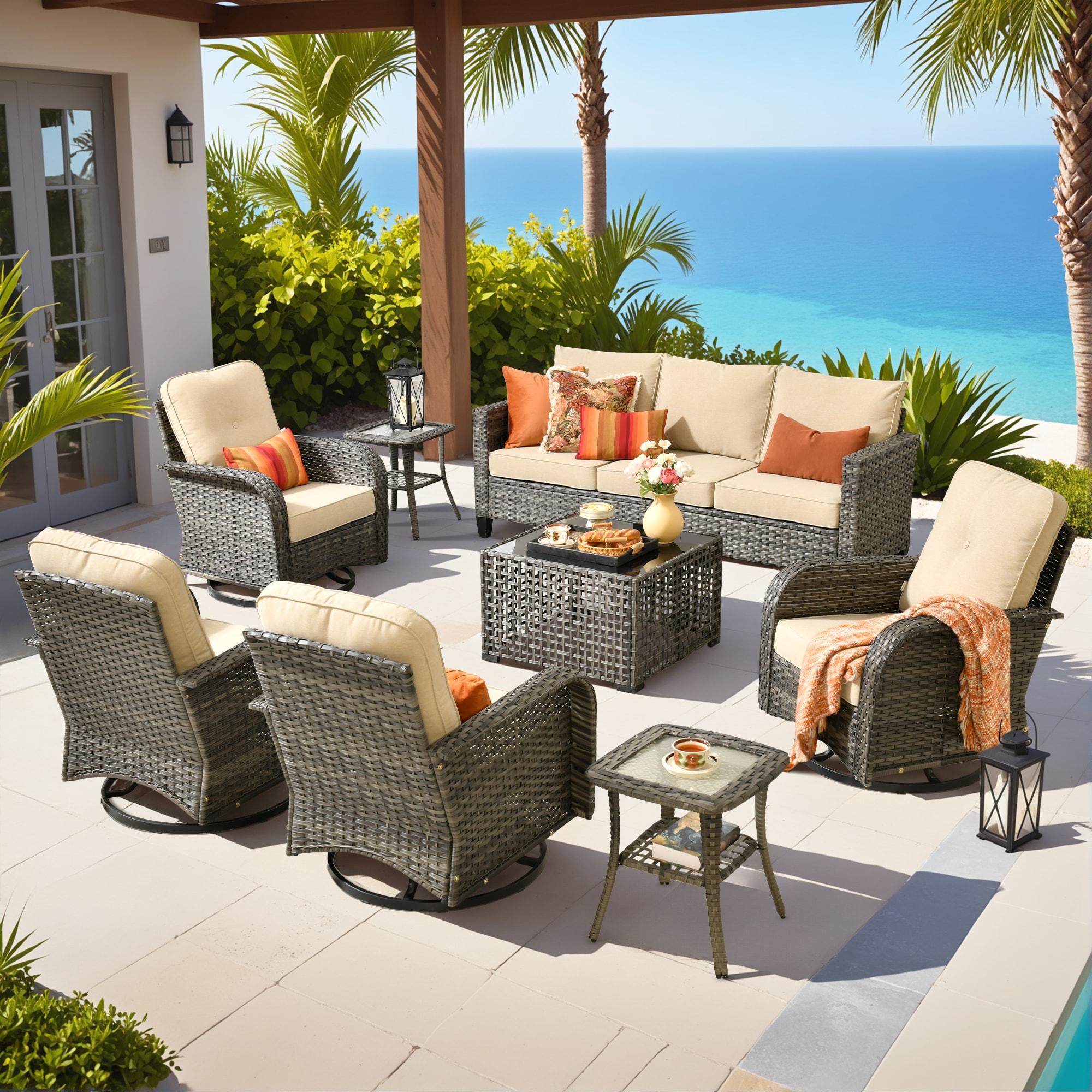 ALTRIGUS 6LYZGNCNEWGRS6081AL 8 -Piece Wicker Patio Sofa Conversation Set with Beige Cushions