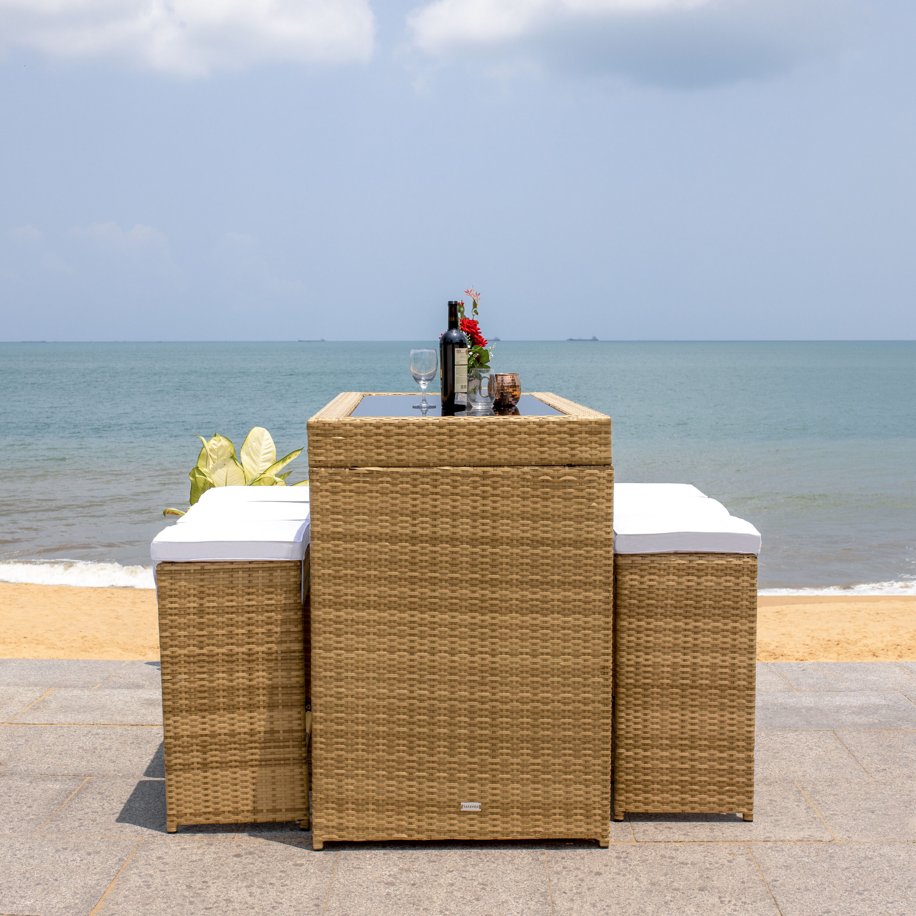 Natural Wicker 7-Piece Outdoor Dining Set with White Cushions