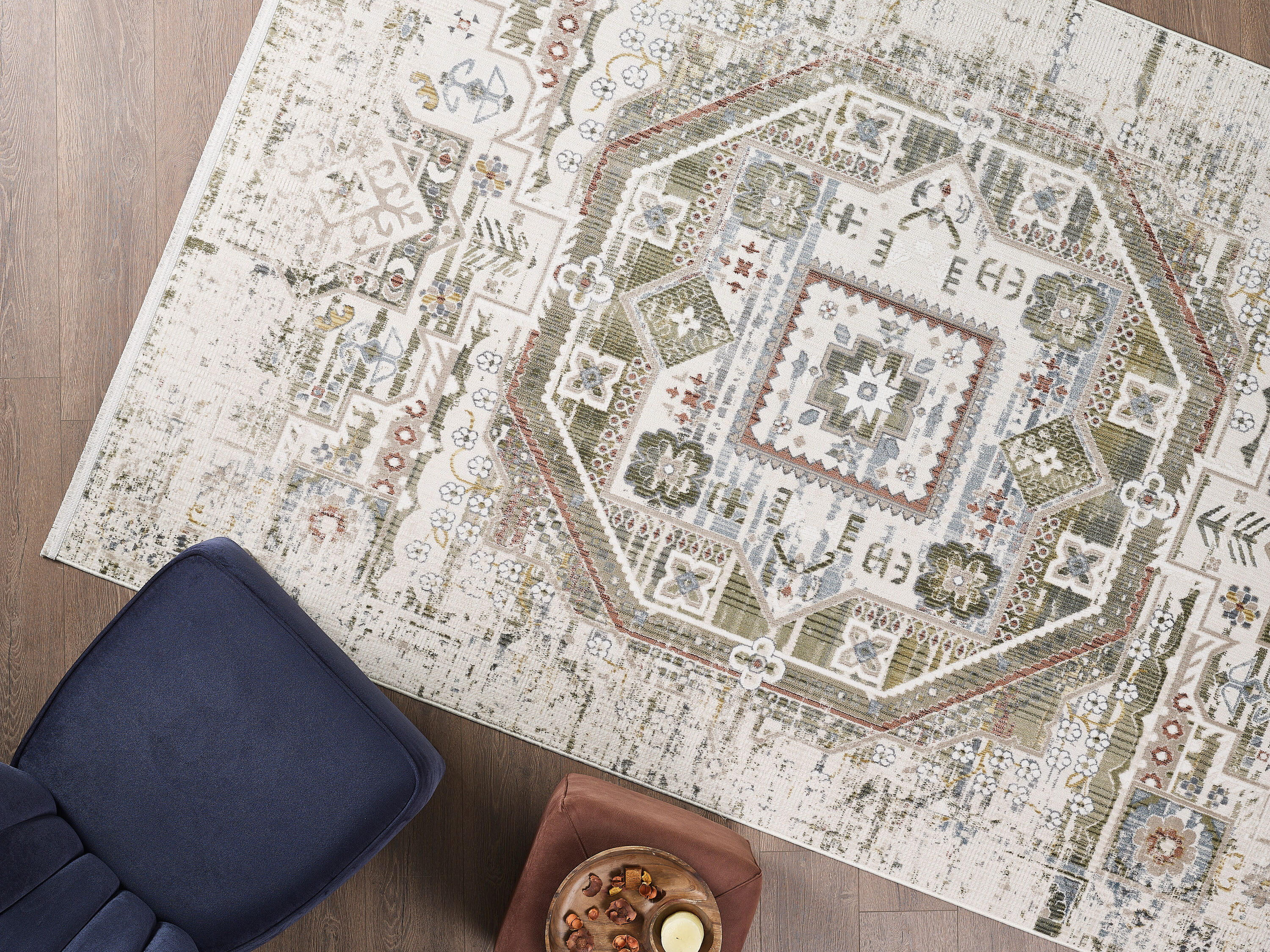 Maxax TB021 Deco Oasis 2 x 3 (ft) Flatweave Polyester/Polypropylene Green Cream Rectangular Indoor Floral/Botanical Vintage Machine washable Area rug