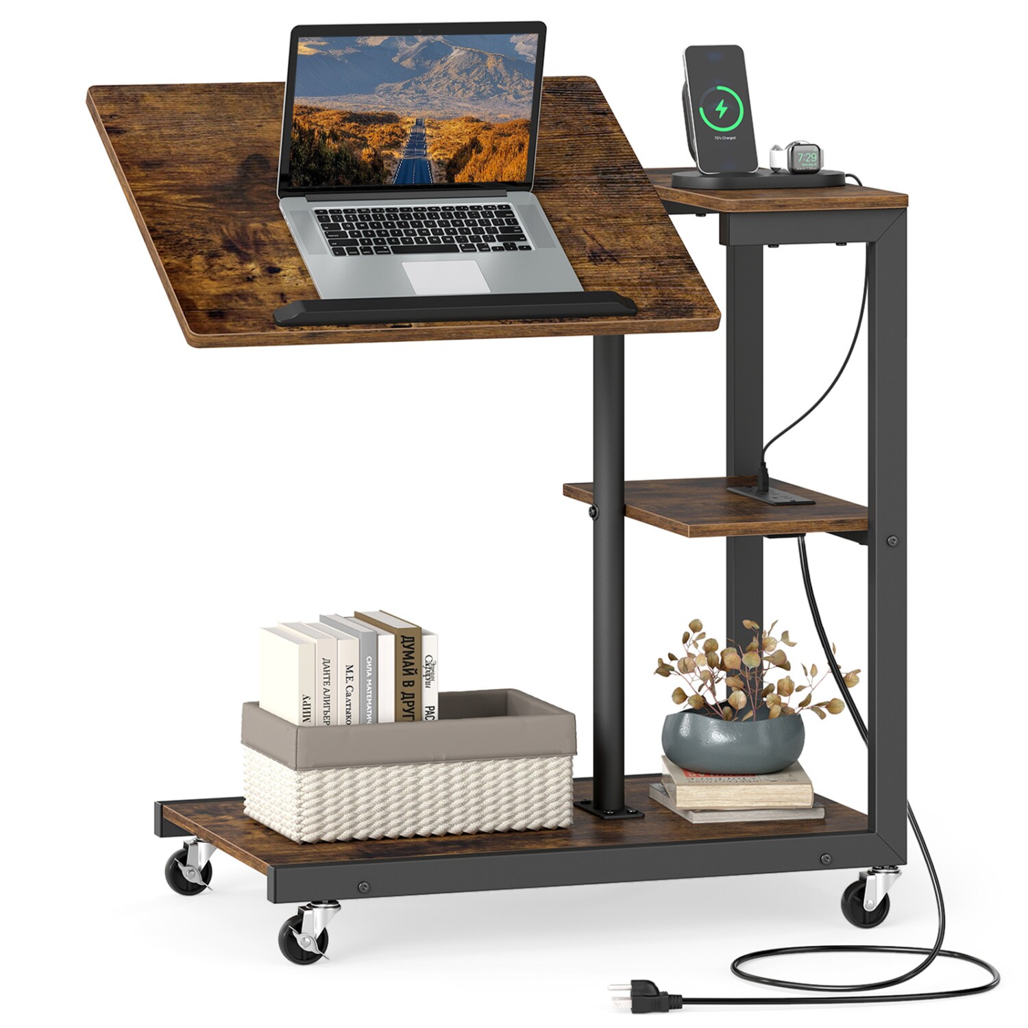 Volenca 27-in 3-Tier Mobile Couch Side Table with Tiltable Top and 2 AC ...