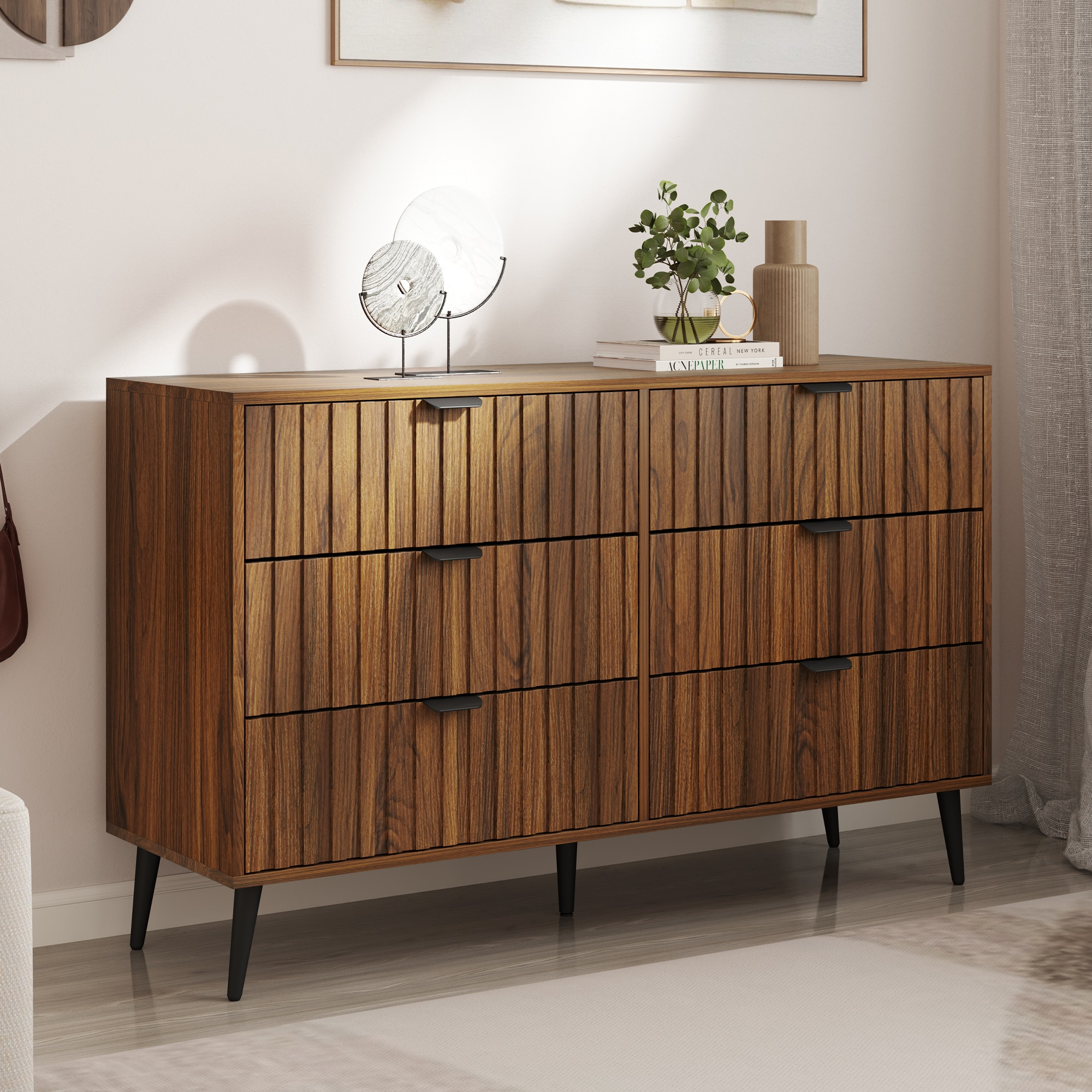Dark Brown Finished Wood 6-Drawer Rectangular Dresser