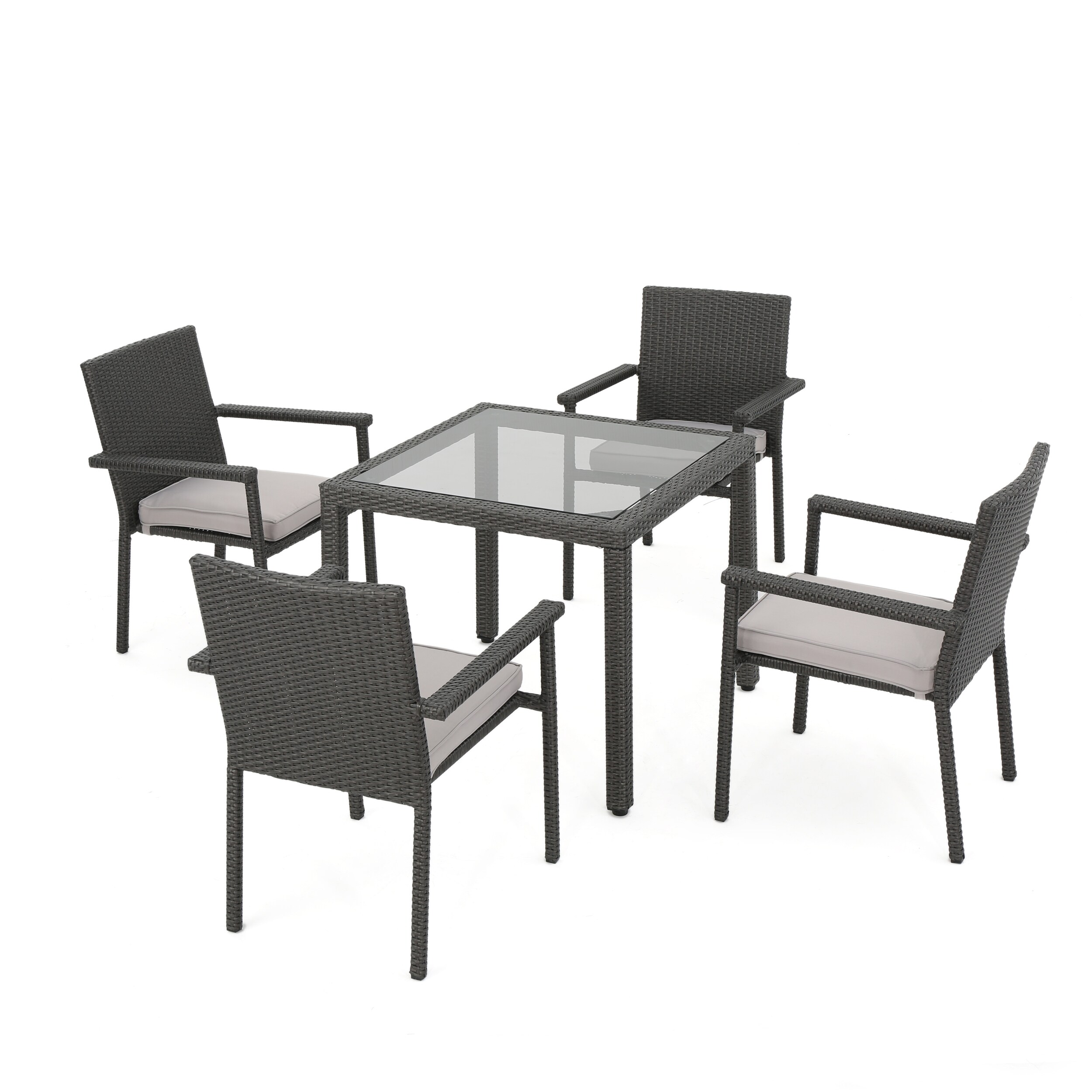 Best Selling Home Decor 300827 Wainwright 5 -Piece Grey Rattan Patio Dining Set Square Table with 4 Gray Cushions Stationary Chairs