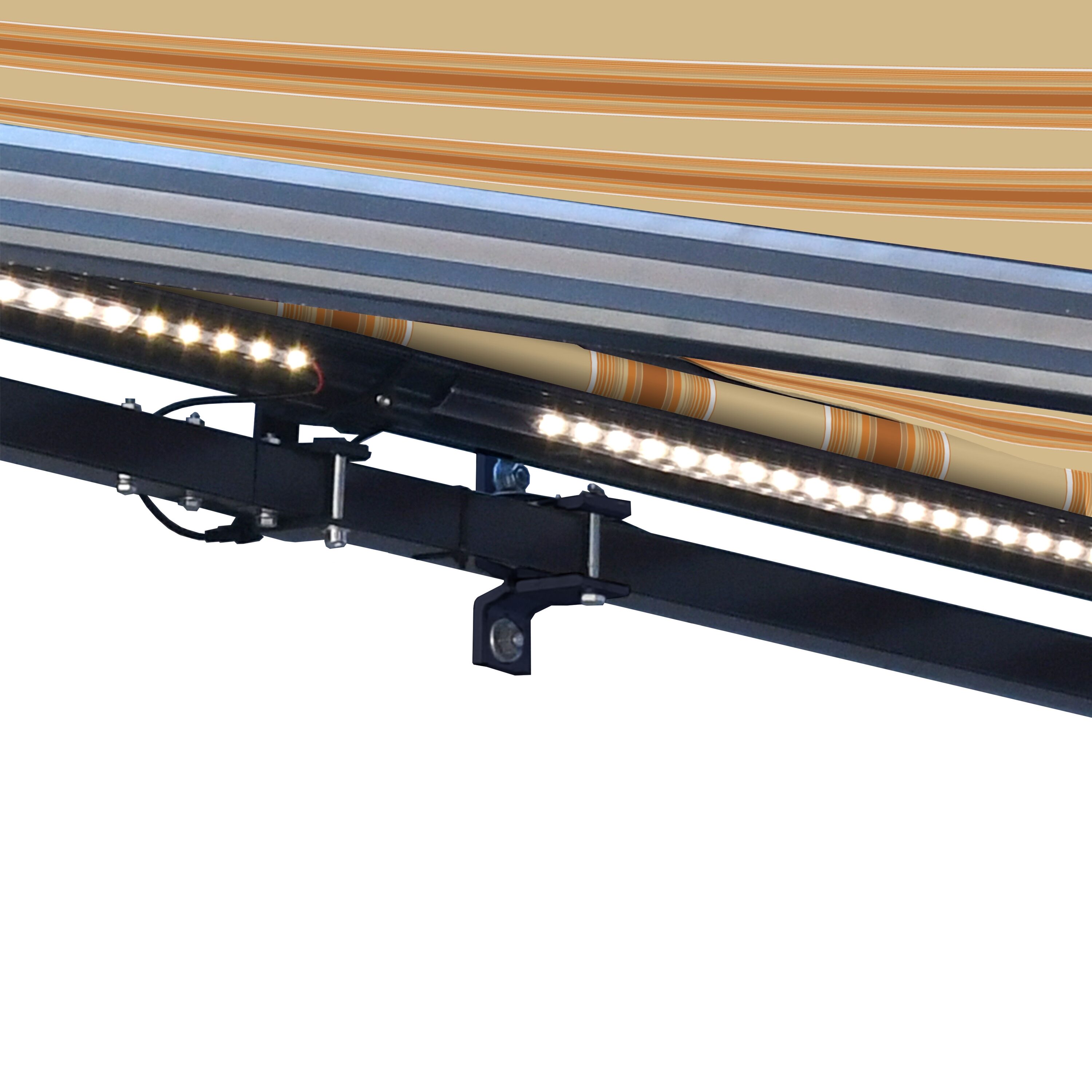 Yellow Striped Motorized Retractable Patio Awning with LED Lights