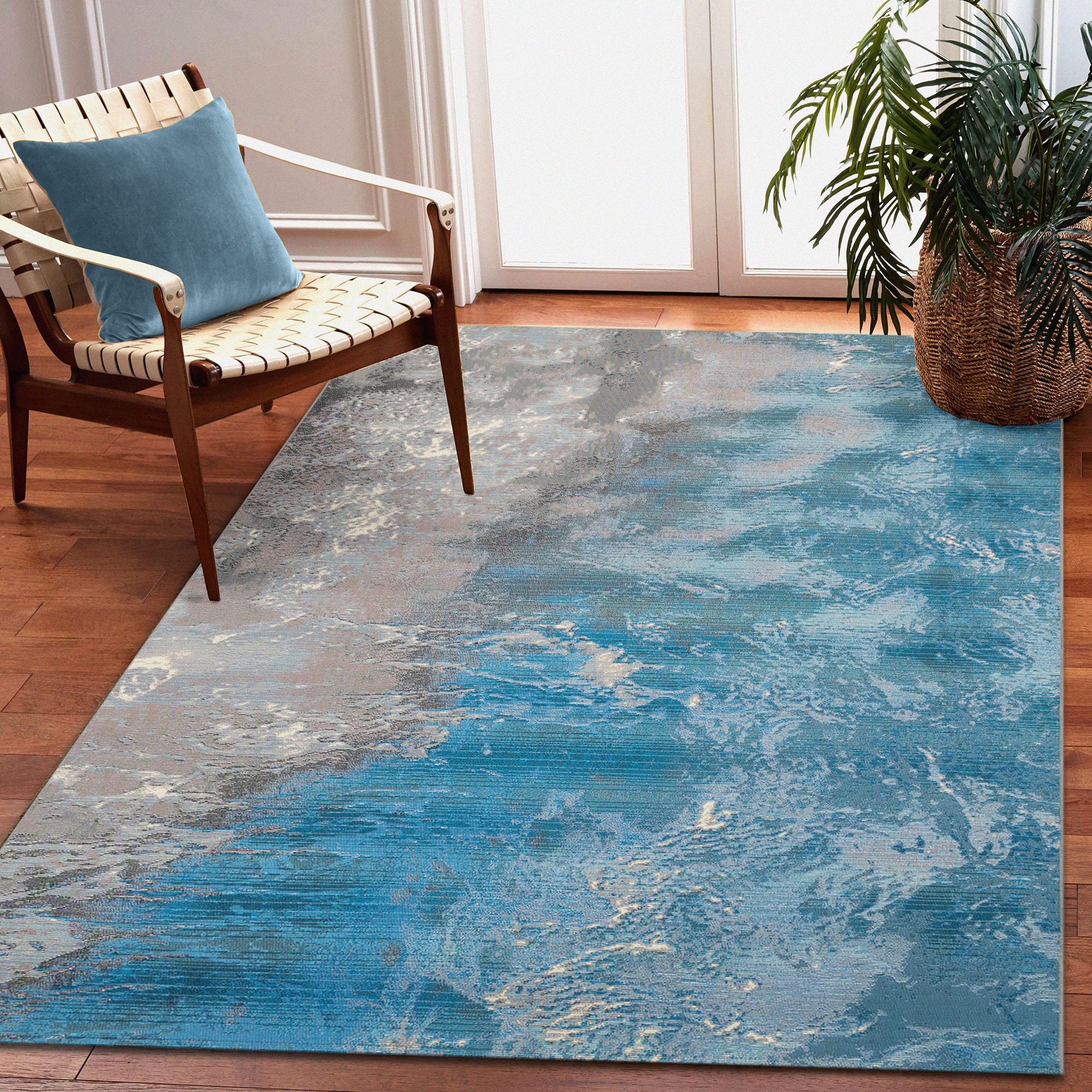 Gray and Blue Abstract Synthetic Rectangular Rug