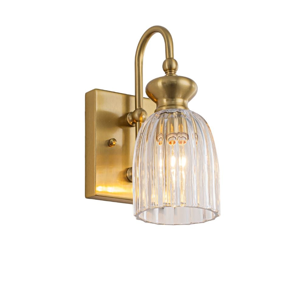 Kofara 1-Light Gold Mid-century Hardwired Wall Sconce with Ribbed Glass Shade