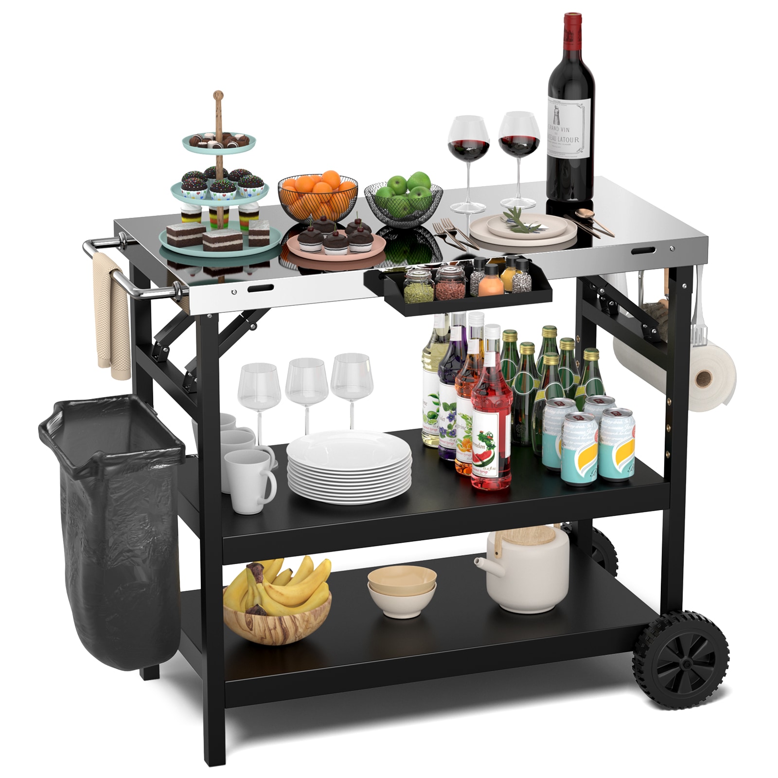 Volenca 3-Tier Foldable Outdoor Prep Cart with Phone Holder Adjustable Shelf and 2 Wheels