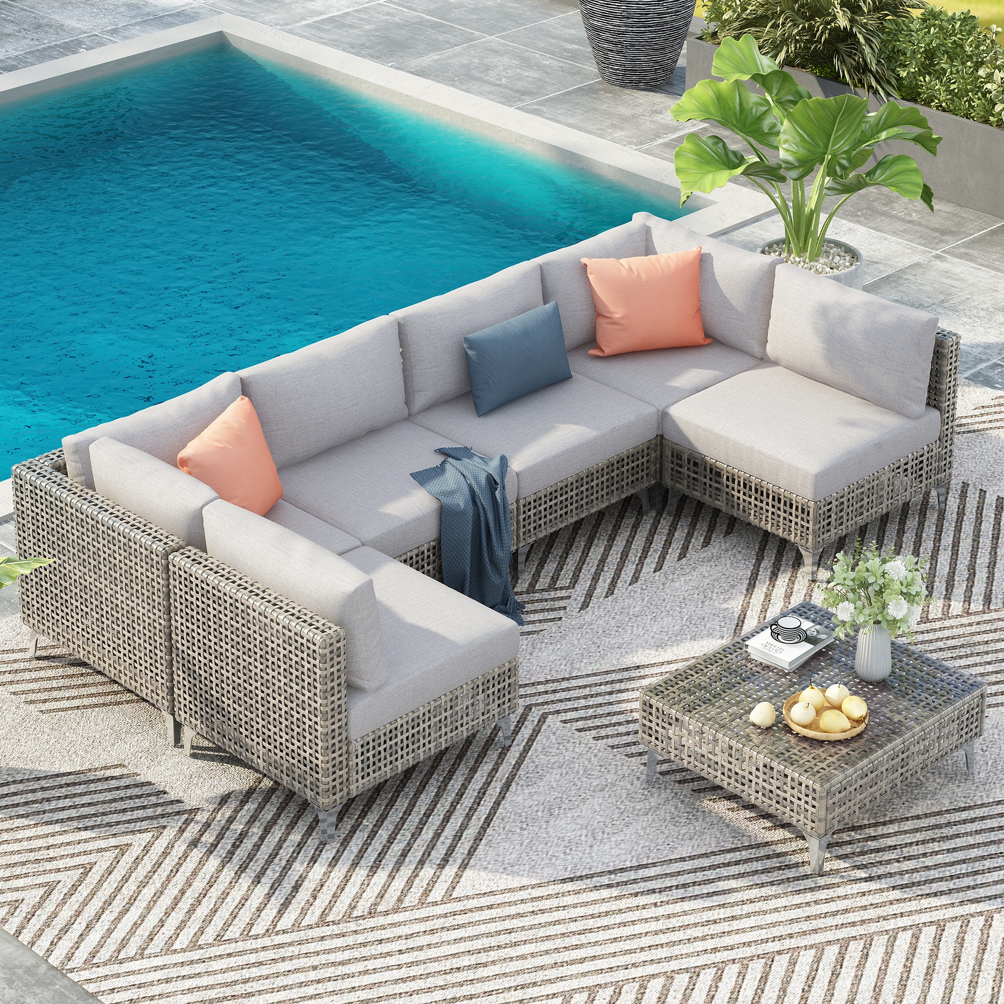 BABOOM BOM-000011G-OR Wicker Patio Furniture Set 7 -Piece Rattan 2 Patio Sofa Conversation Set with Gray Cationic Dyed Microfiber 180 GSM Cushions