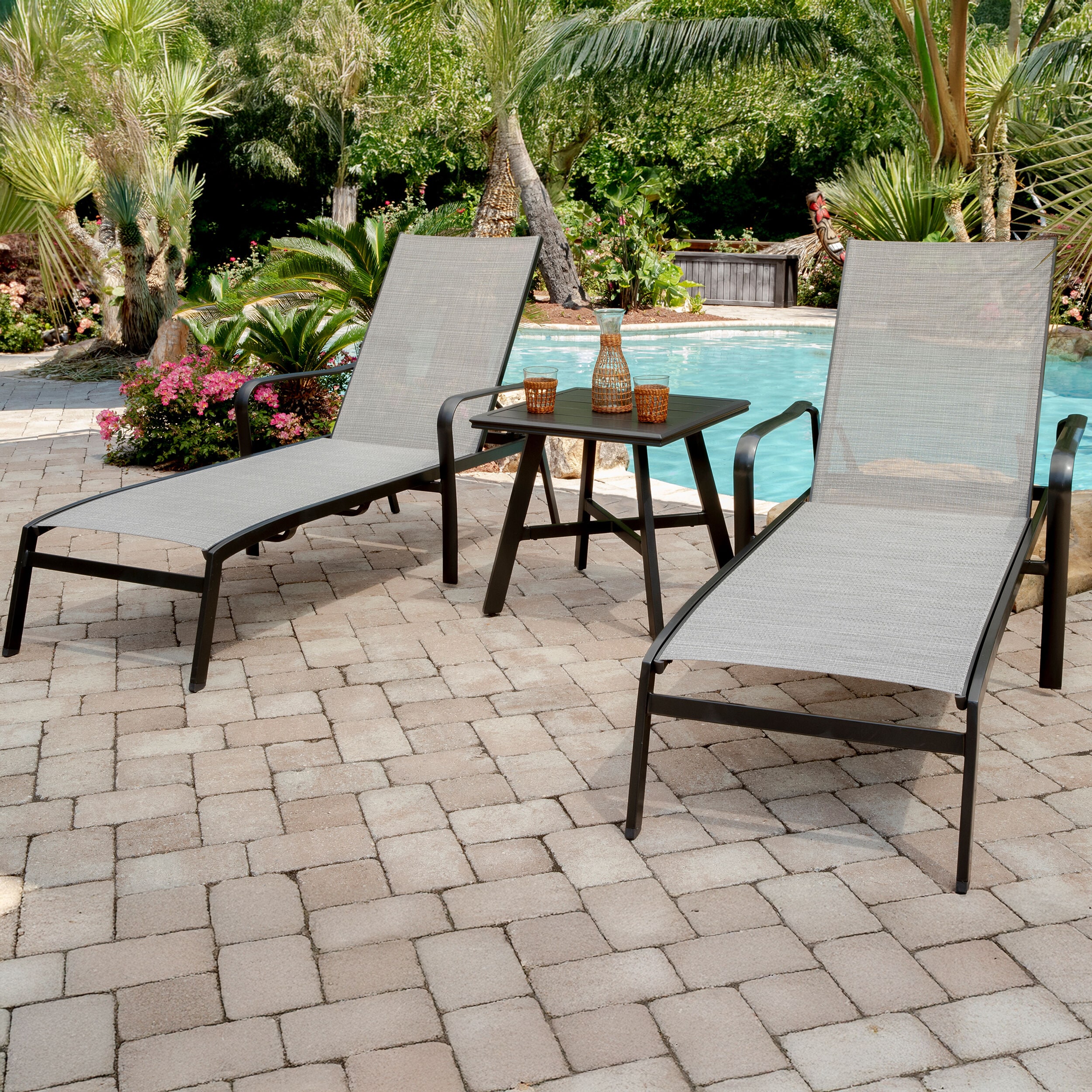 Hanover FOXCHS2PC-GRY Foxhill Set of 2 Gray Aluminum Frame Stationary Chaise Lounge Chair with Gray Sling Seat