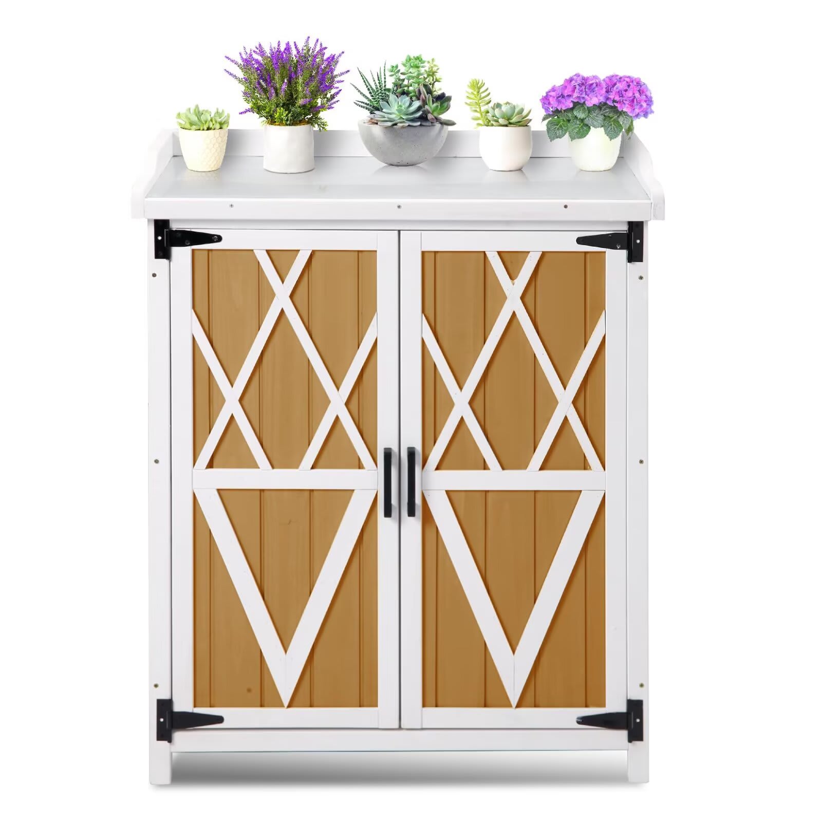 Qeetex JXNAG-PHO-152GTDV7 Potting Bench Outdoor Cabinet with Metal Tabletop Wooden Storage Cabinets Weatherproof for Outside Planting Work Benches with Adjustable Shelf Doors for Garden Patio Lawn-Brown
