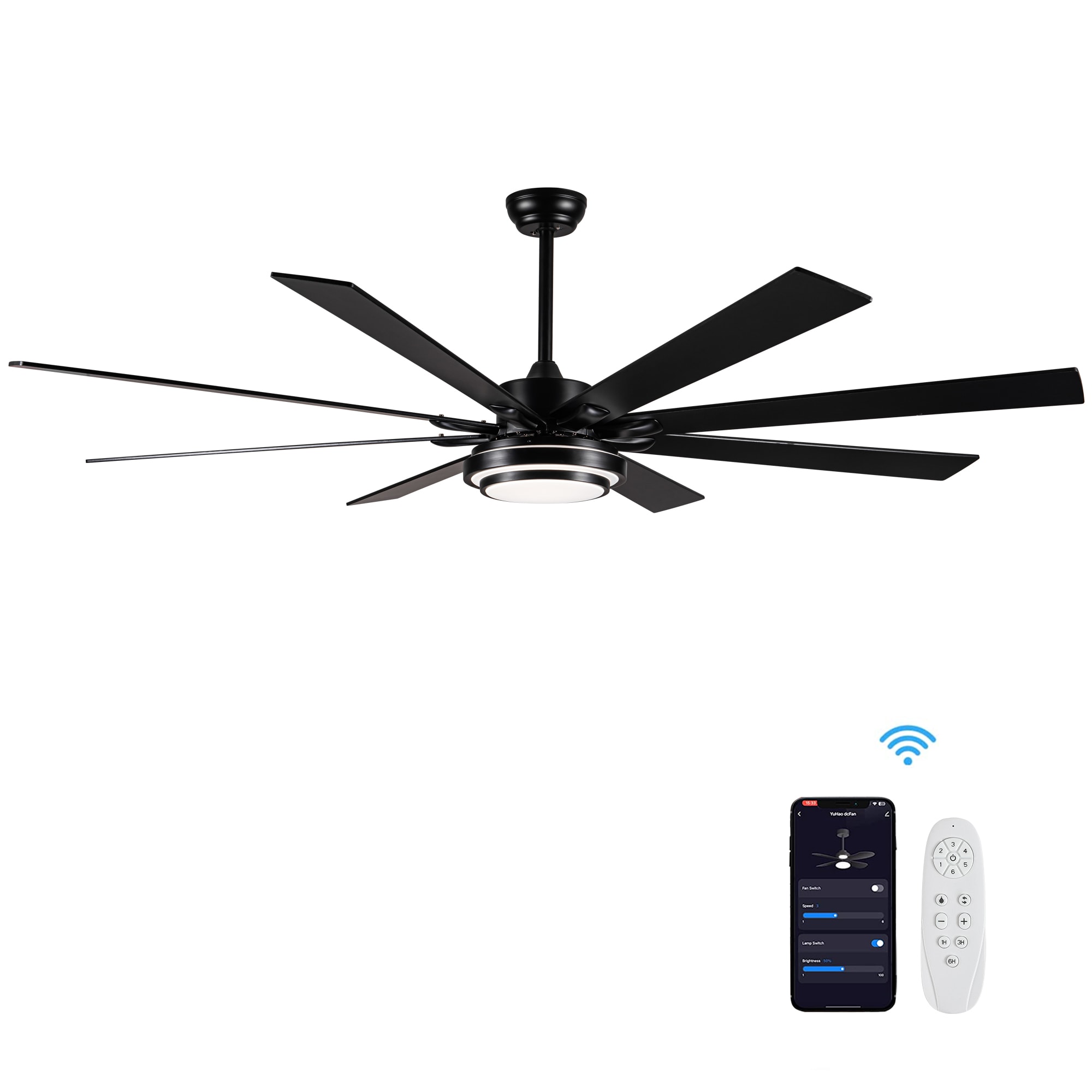 WELLFOR GYH56-1125-3WH 72-in Smart Matte Black with Matte Black Blades Ceiling Fan With Light - Remote Included ( 8 -Blade )