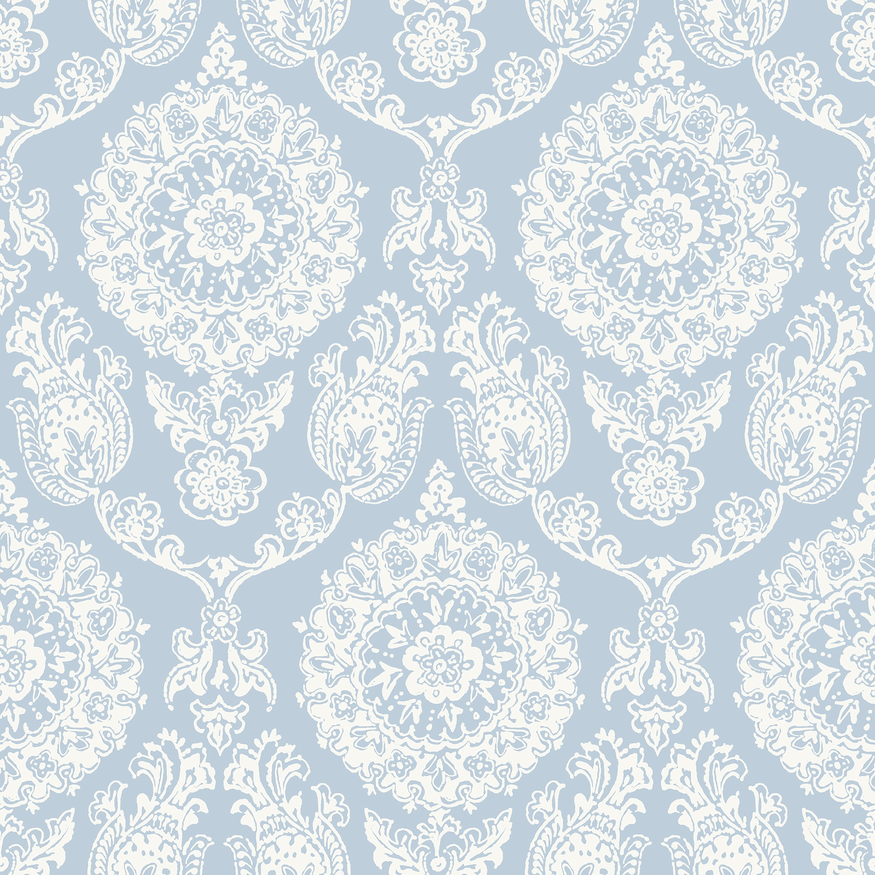 Helm Damask Light Blue and White Floral Medallion Wallpaper