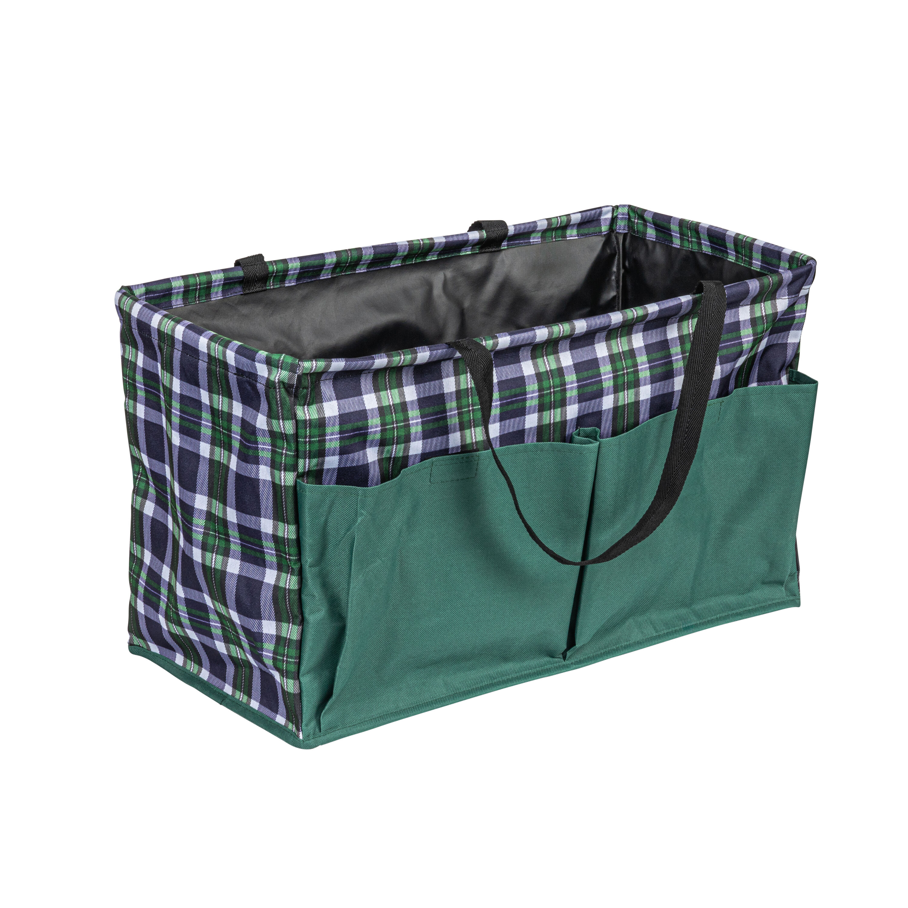 Household Essentials Plaid Krush Container All-Purpose Utility Tote with Green Pockets #HE1129
