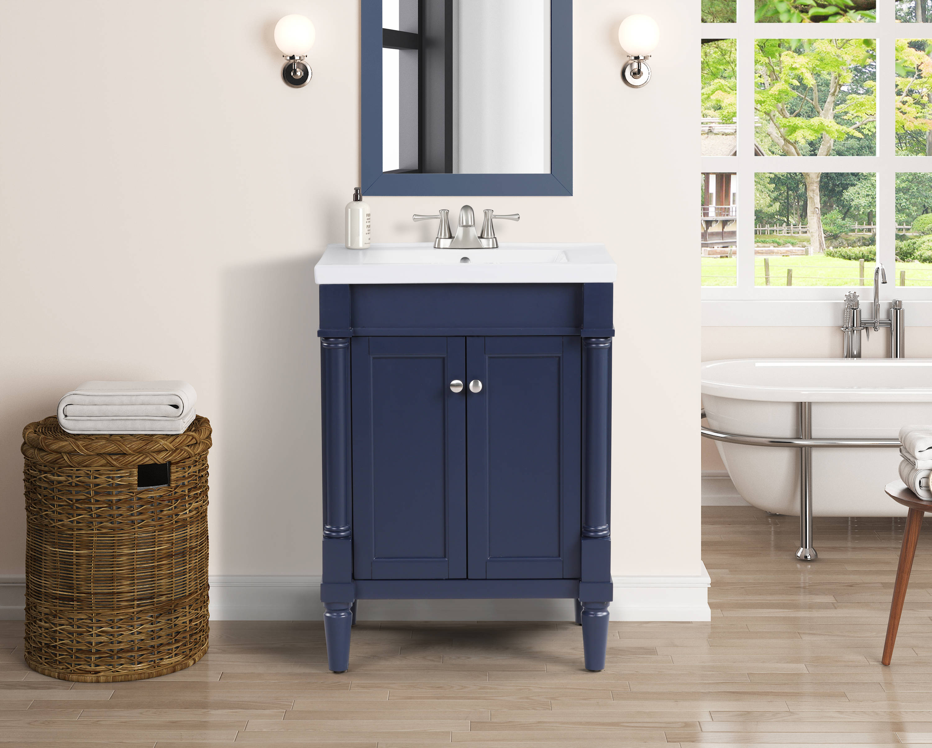 White Bathroom Vanity Blue Walls