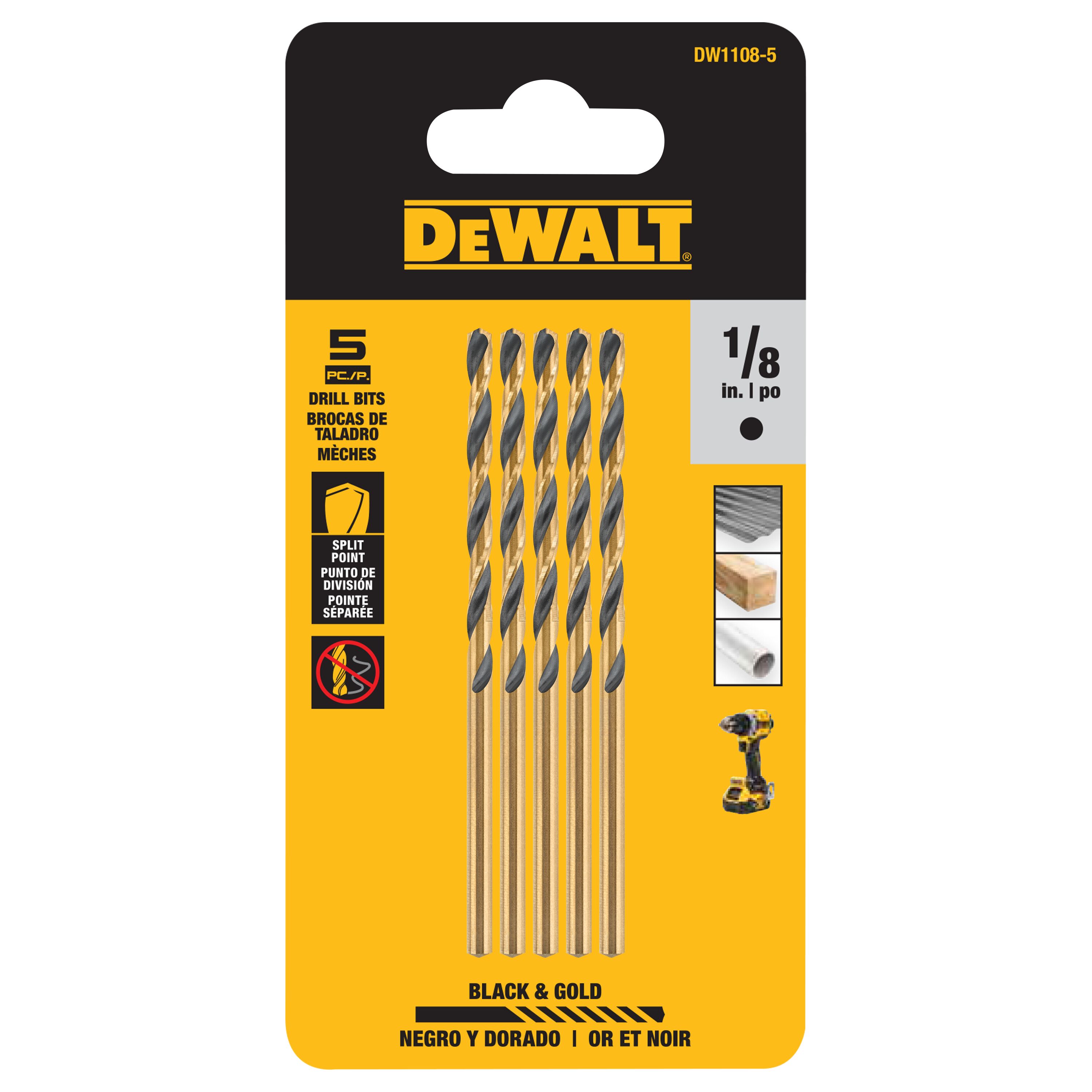 DEWALT DW1108-5 BLACK GOLD 5 -Piece 1/8-in x 2-4/5-in Black and gold coated HSS Jobber length Twist Drill Bit Set