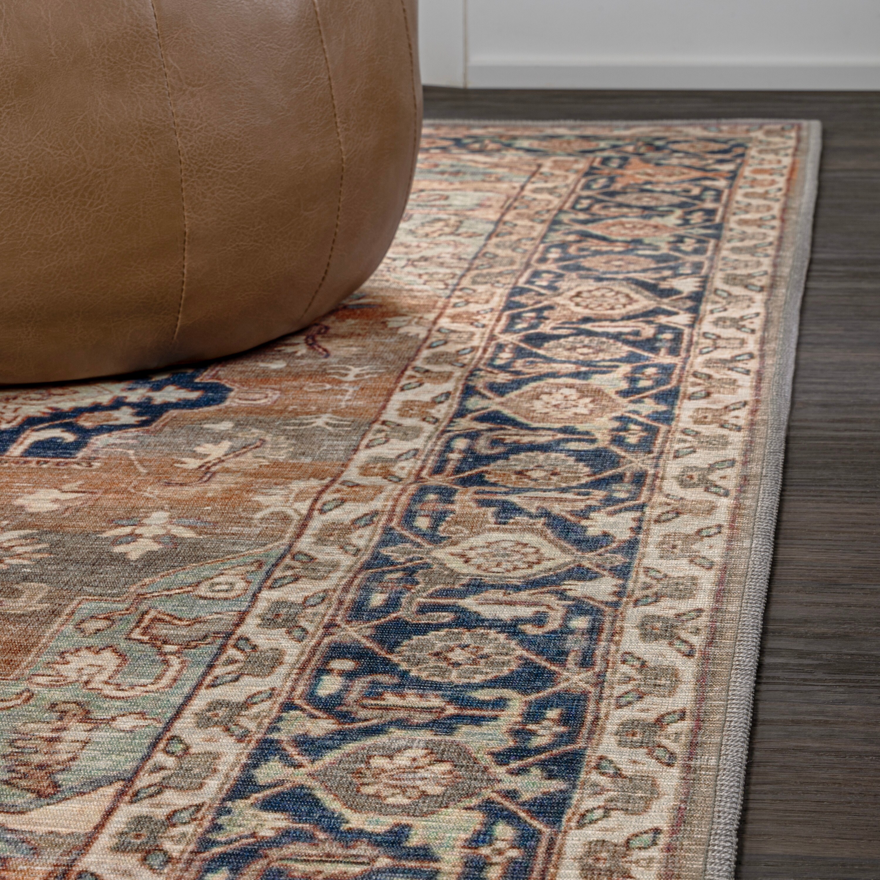 Maris Ornate Medallion Machine-Washable Beige and Blue Chenille Area Rug