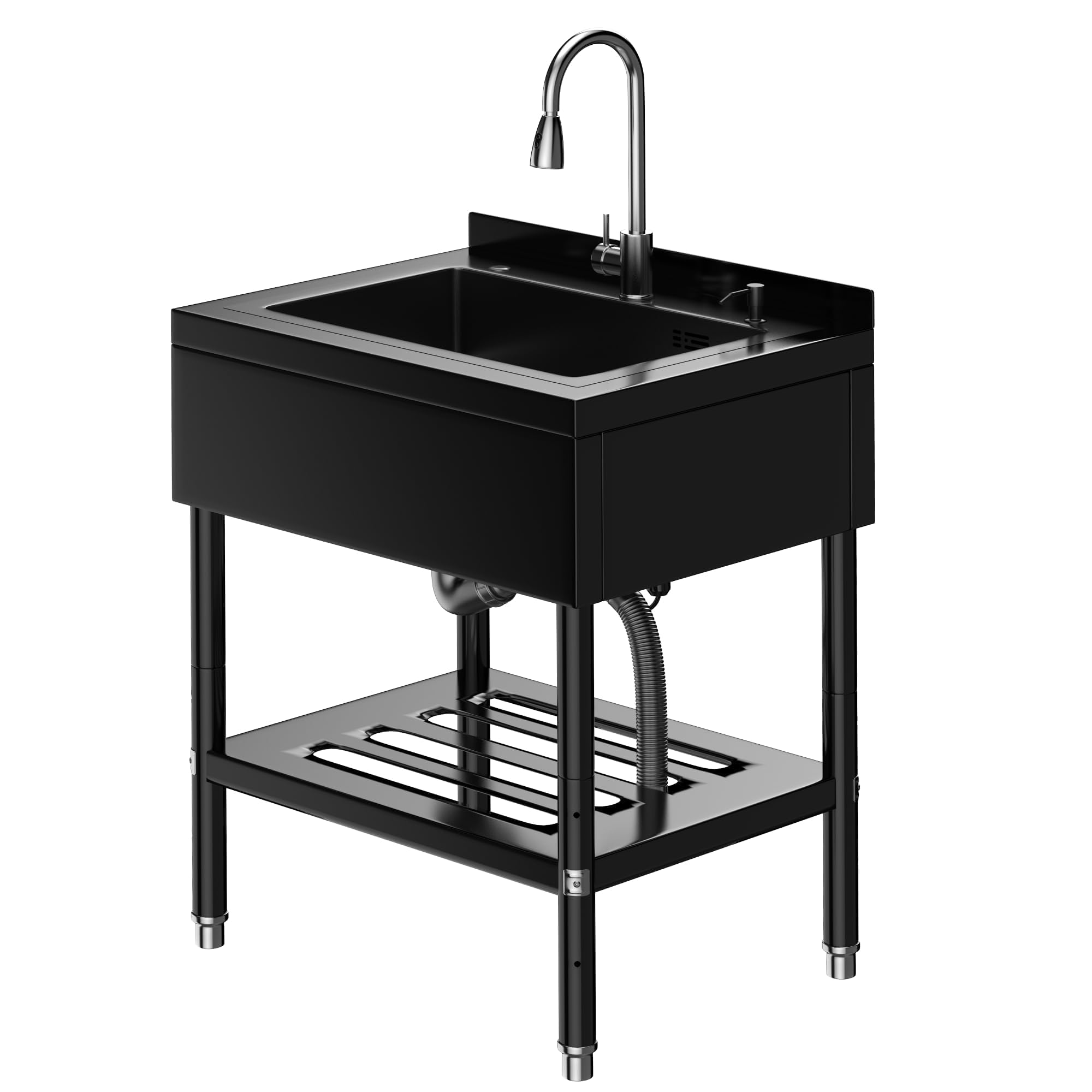 GarveeLife Stainless Steel Utility Sink Freestanding Laundry and Restaurant Basin with Hot and Cold Faucet Hoses and Drain Kit Large Capacity Slop Sink 25.7x20.7x39.5 Black