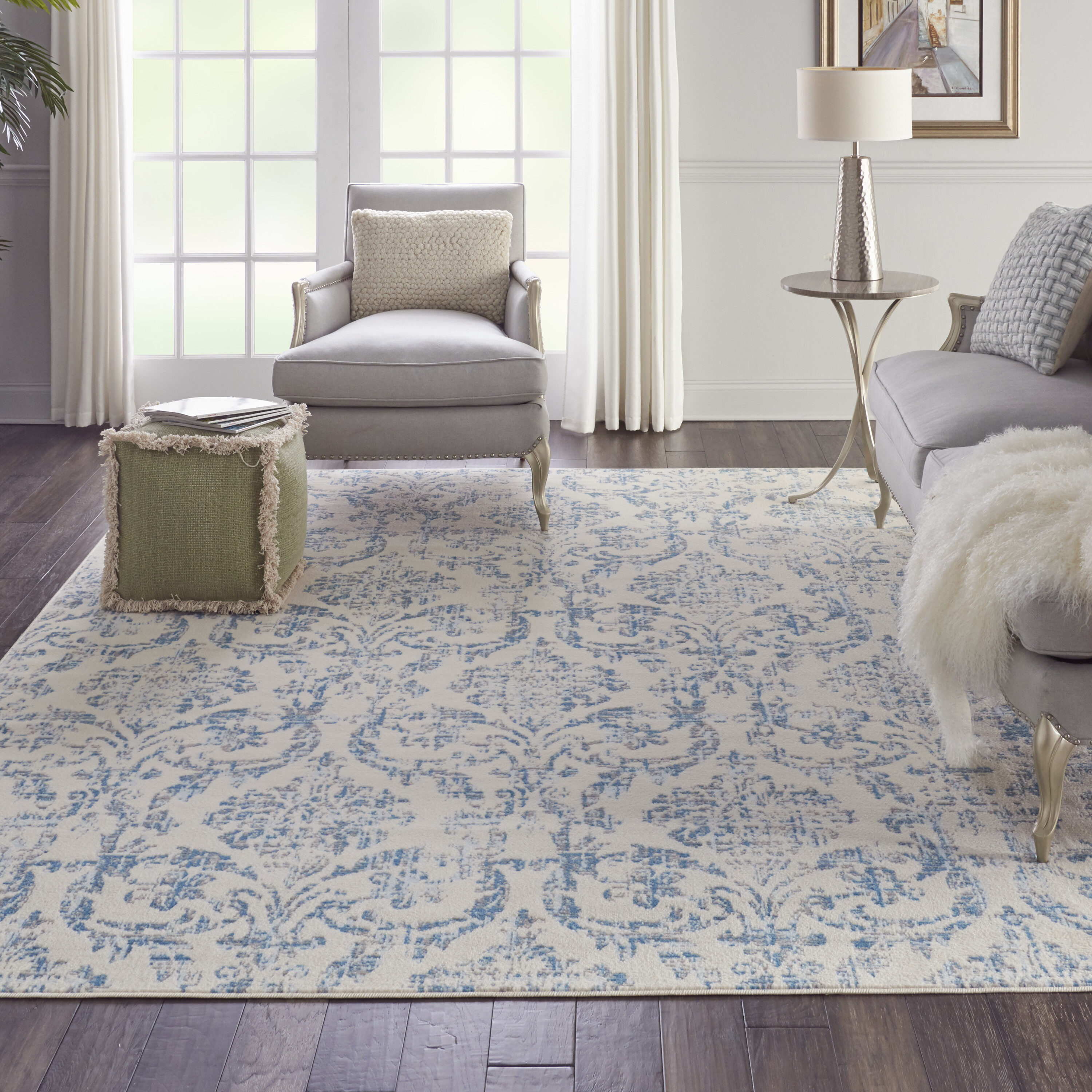 Nourison 99446764225 Jubilant 7 x 10 (ft) Loomed Polypropylene Ivory blue Rectangular Indoor Abstract Vintage Area rug