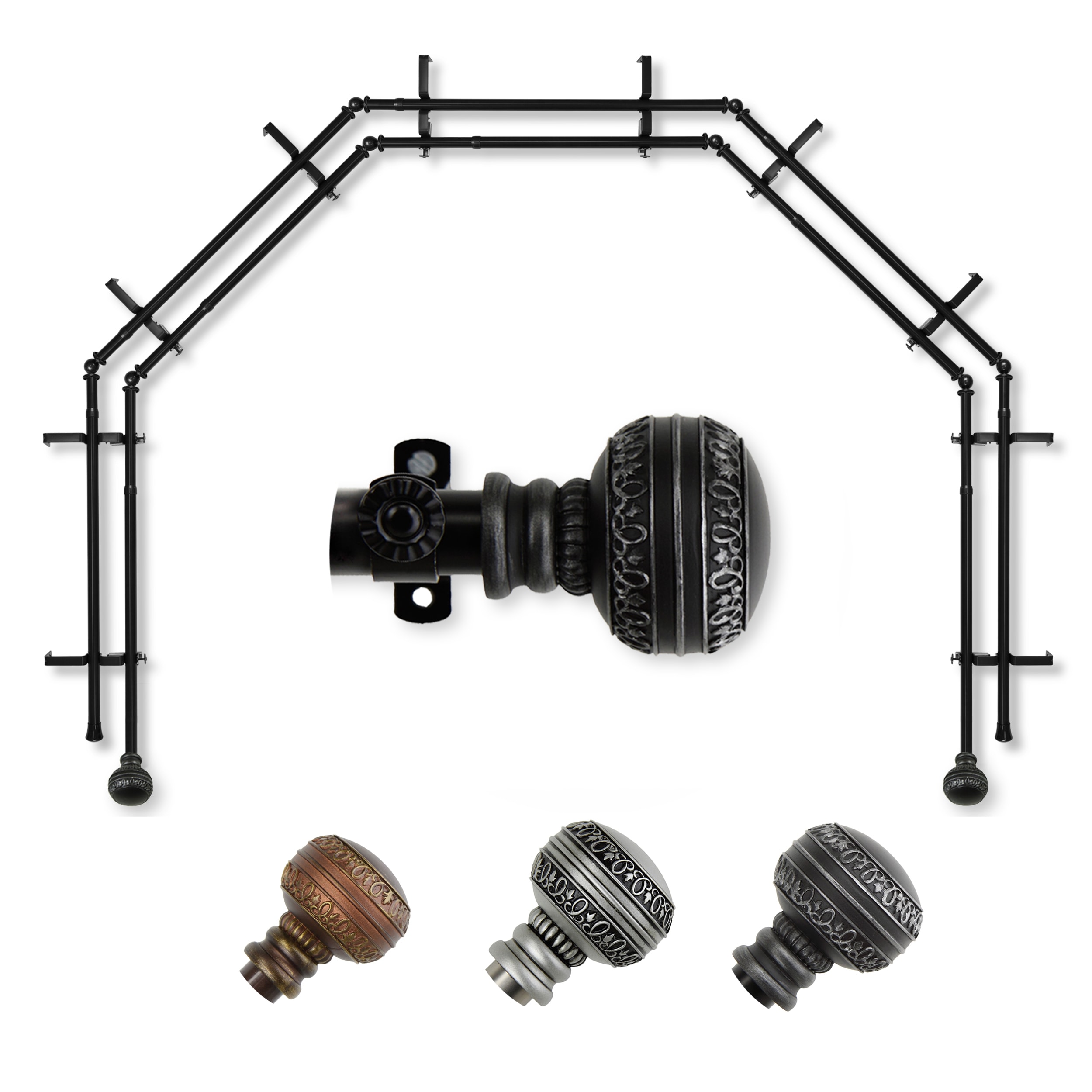 Hart & Harlow L-5BAY-02-2D Faith 5-Sided Double Bay Black Steel Bay window curtain rod with Finials