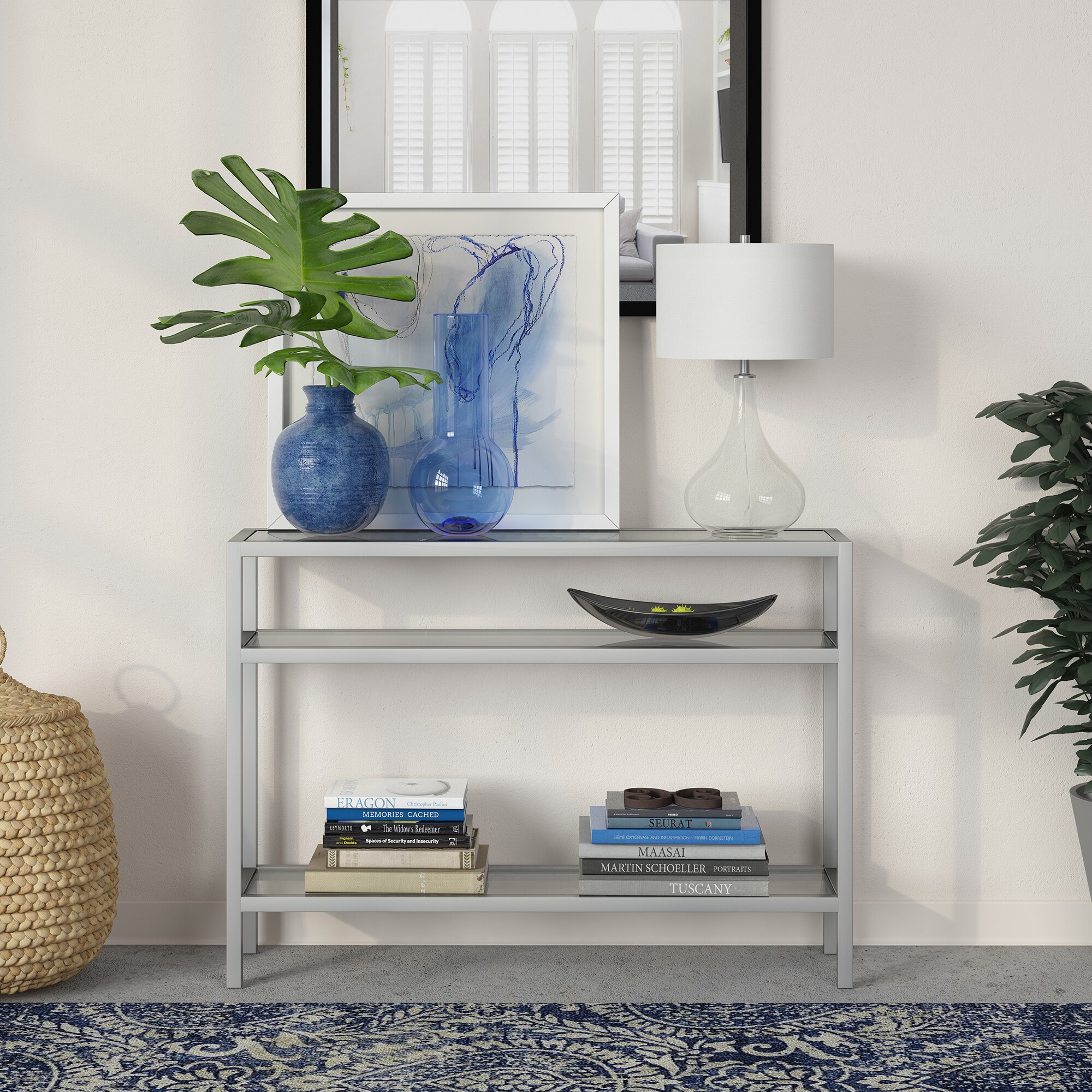 Satin Nickel Industrial Console Table with Tempered Glass Shelves