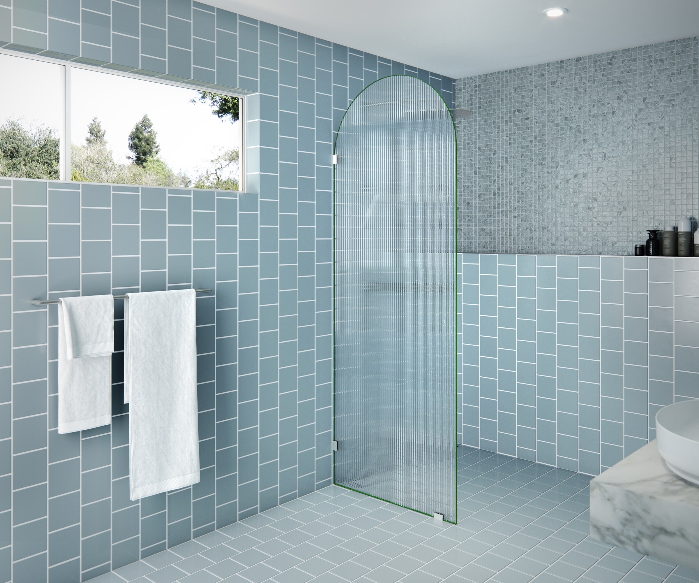Glass Warehouse ARC-FL-30-BN Maven Brushed Nickel 30-in W x 86.75-in H Frameless Fixed Shower Door 3/8-in Thick Tempered Glass