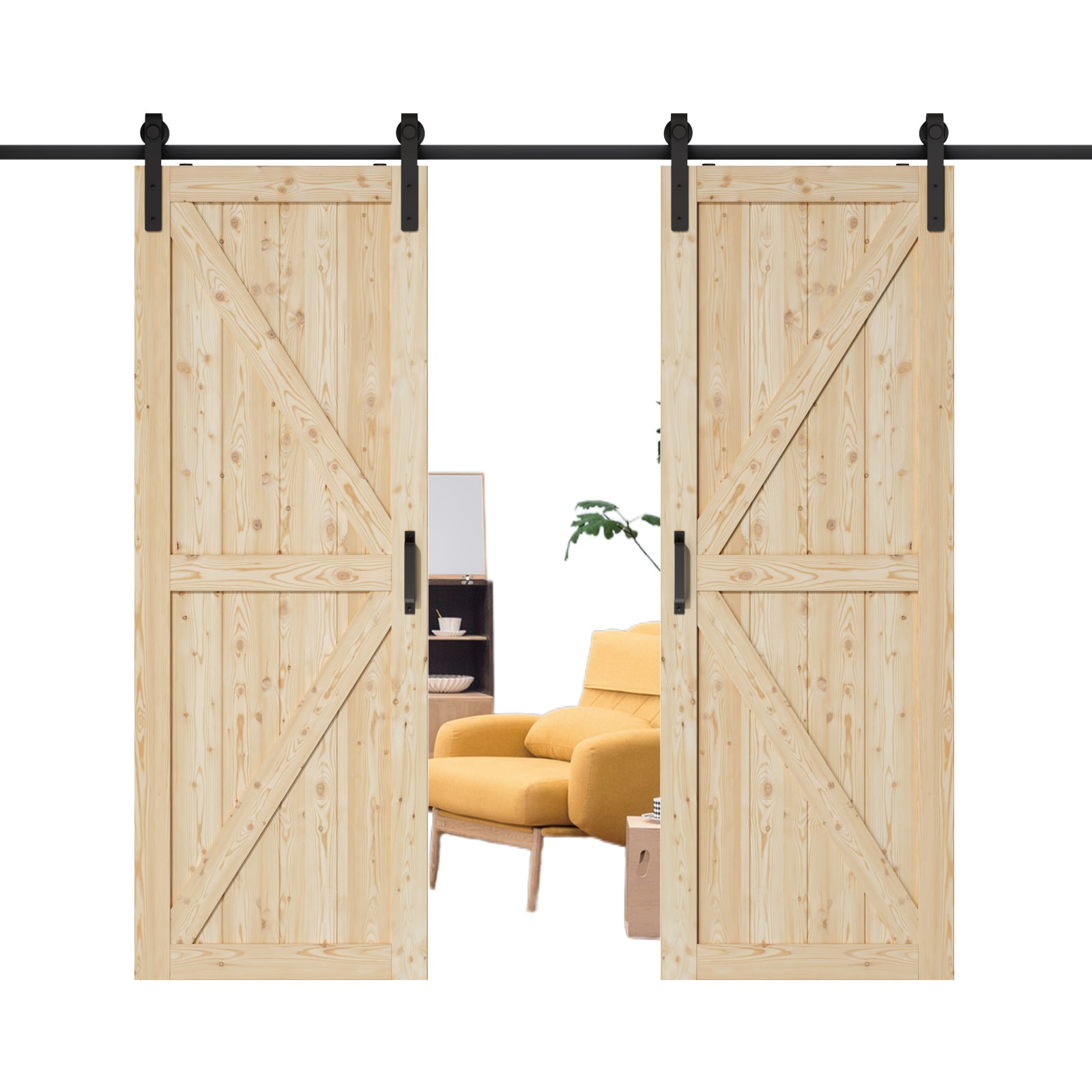 JUJUBON IN-BDPN-K-BD1-60 60-in x 84-in natural Unfinished K-frame Pine Wood Solid core Double Barn Door (Hardware Included)