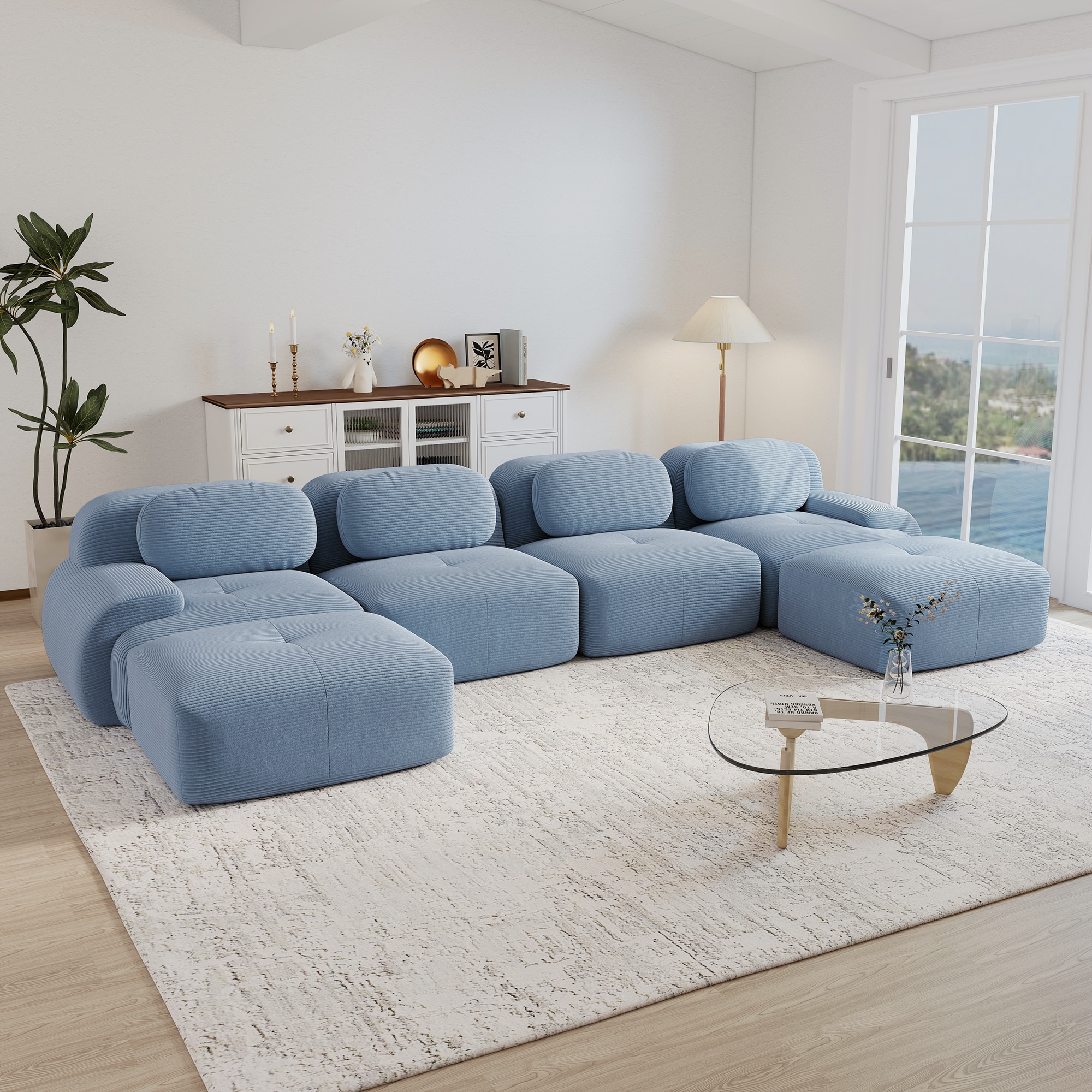 Homy Casa Slate Blue Velvet Sectional Sofa with Modular Design