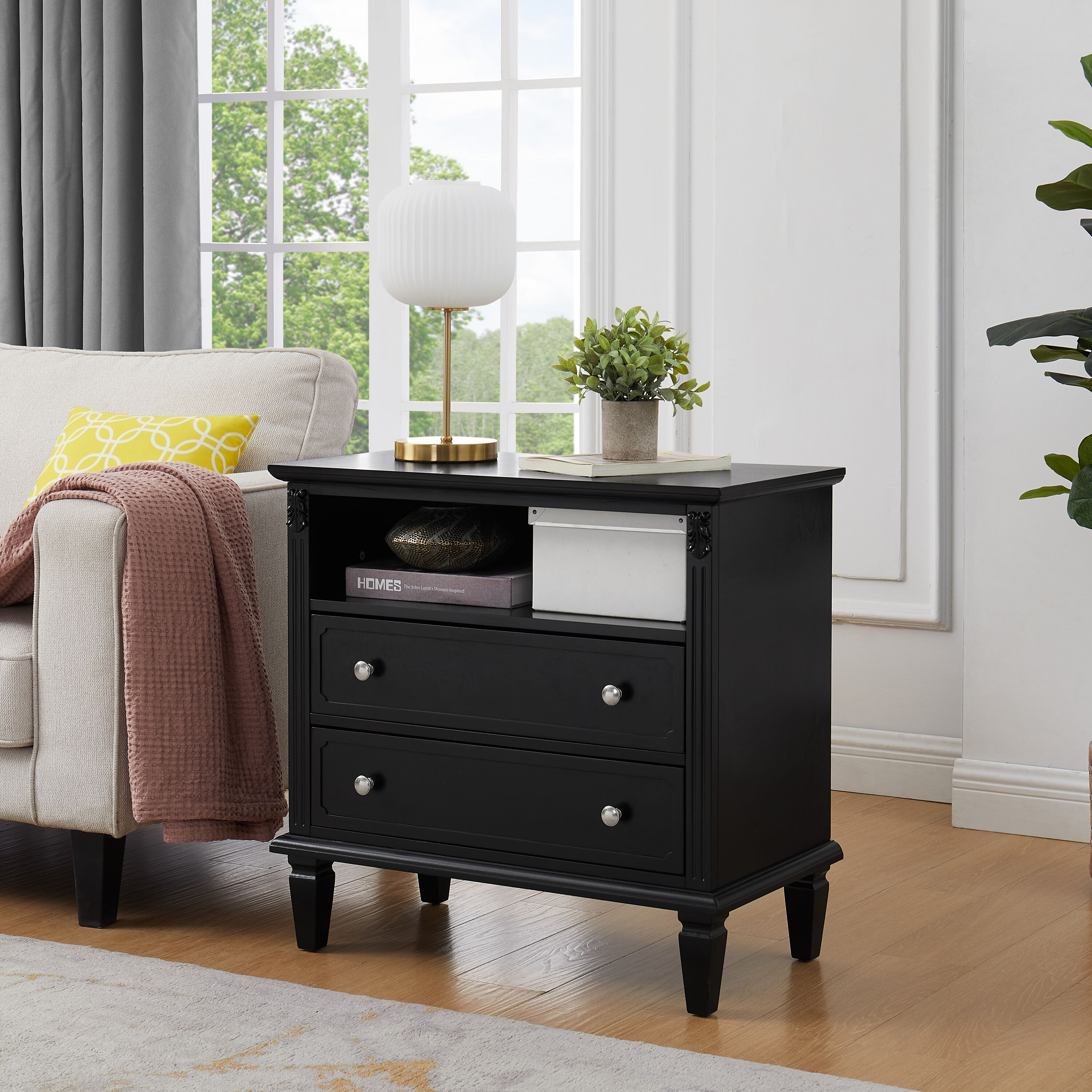 LOVMOR -  Open Space and 2 Drawers Dresser Nightstand with Charging Station Farmhouse End Table w...