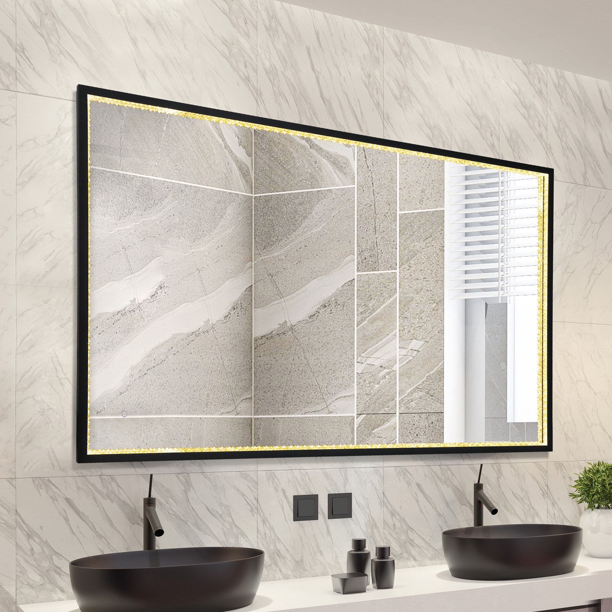 LNC LQNBQYZ5088A8C Zephyrine 35.8-in W x 55.1-in H Rectangle Matte Black and Matte Gold Framed Full Length Lighted Vanity Mirror