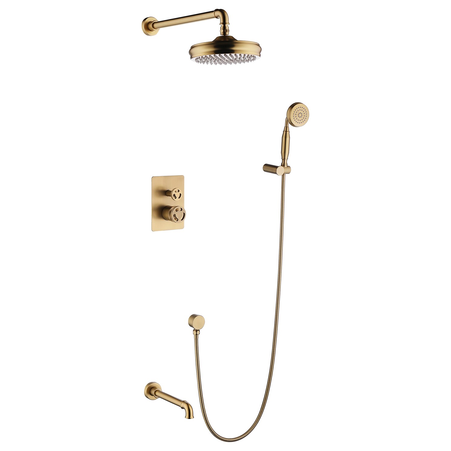 WELLFOR JSBR6 Brushed Gold 8-in Dual Head Built-In Shower Faucet System with 3-way Diverter ( Ceramic Disc Valve Included )