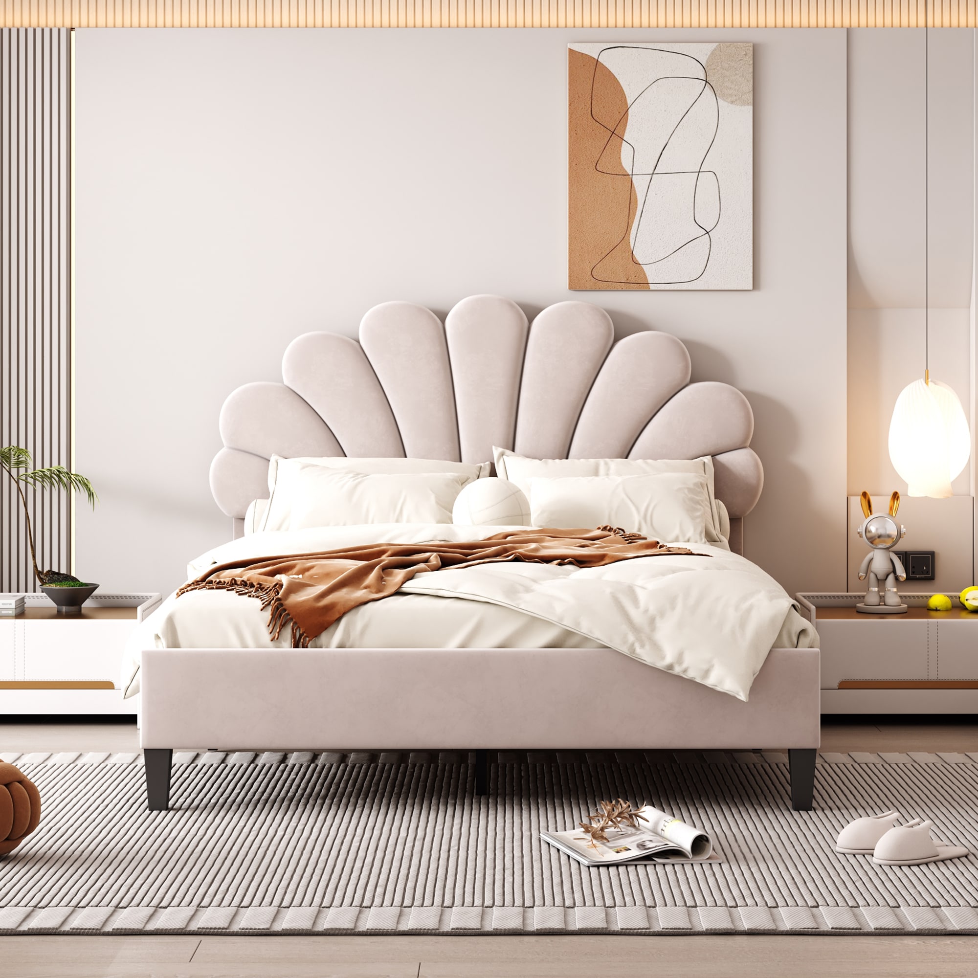 ModernLuxe L3P-WF305290AAA Full Size Upholstered Platform Bed with Flower Pattern Velvet Headboard Beige