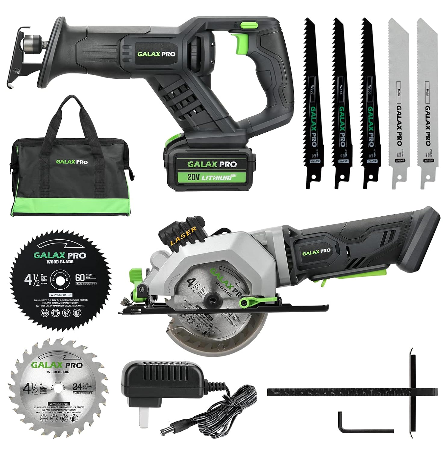 GALAX PRO GP-WP37-6TG Cordless Circular Saw and Reciprocating Saw Combo Kit with 4.0Ah Battery Charger 7 Saw Blades and Tool Bag for DIY Projects