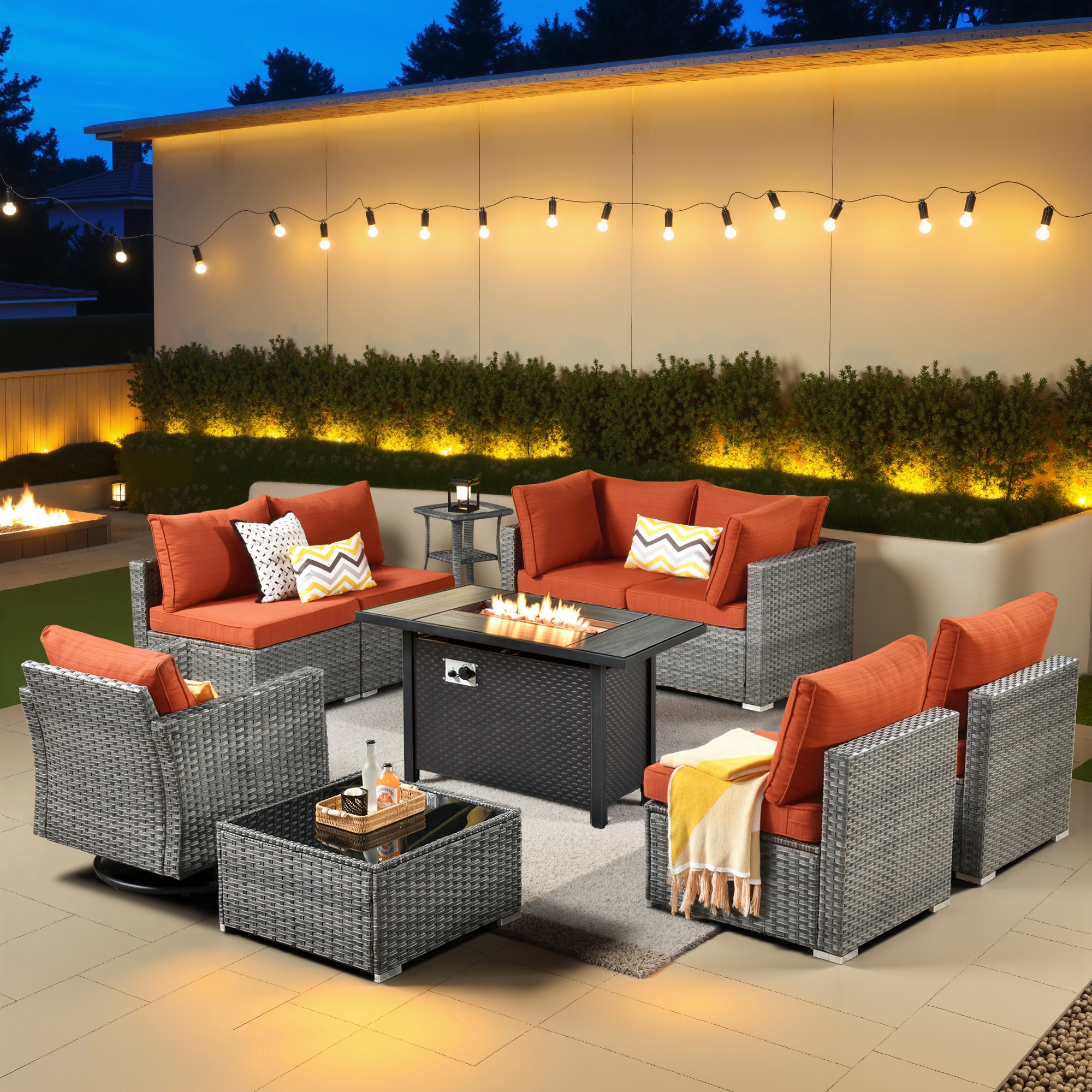 Pouuin SYZHOP807 Wicker Outdoor Sectional with Orange Cushions and Wicker Frame