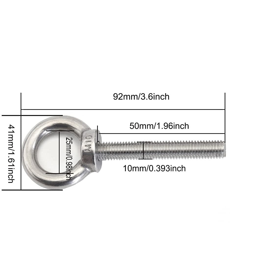 Etokfoks  Stainless Steel M10 Shoulder Eye Bolt 2 Pack 3 6in Length 0 39in Thread OD 0 98in Ring ID Heavy Duty