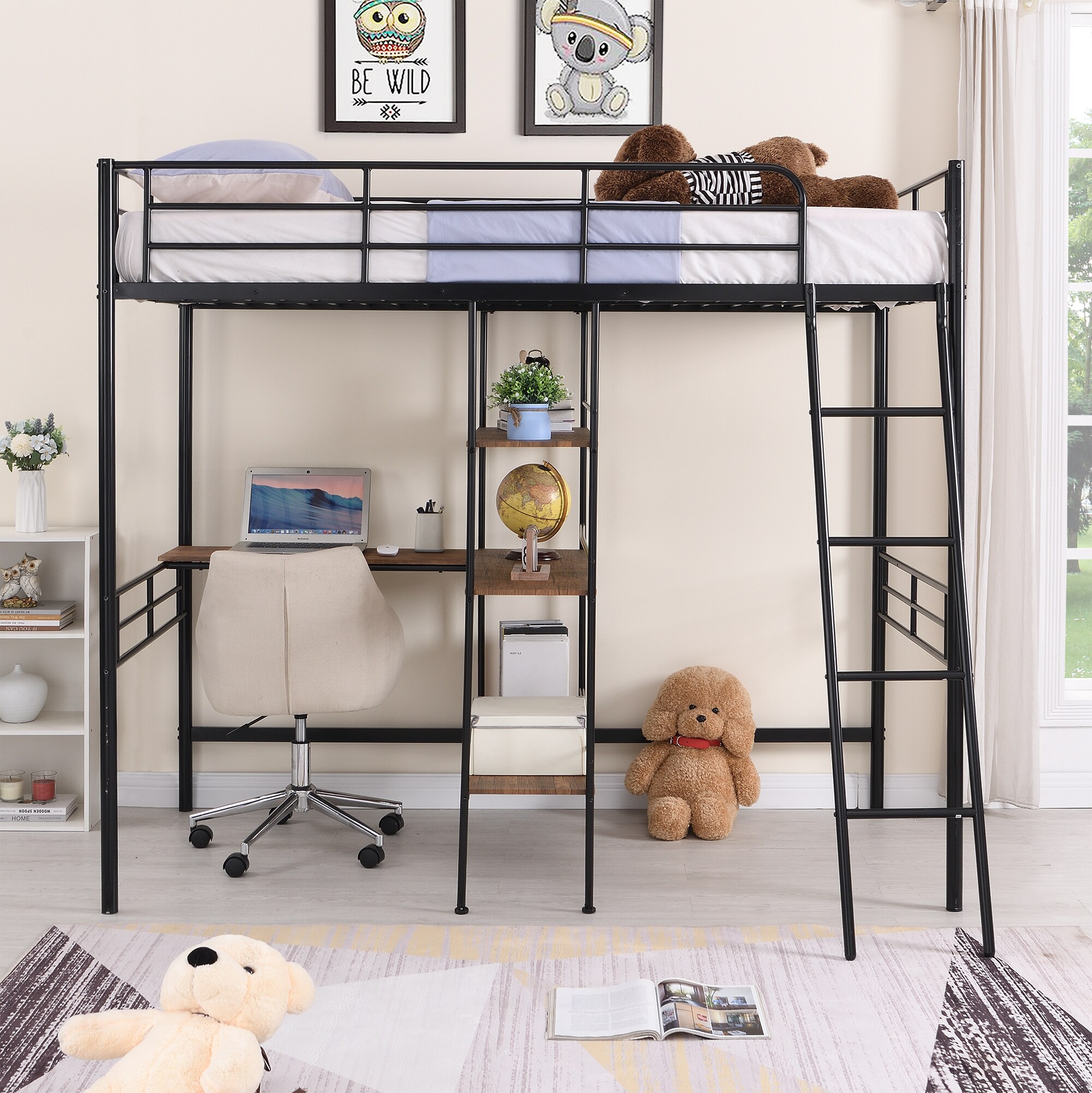 Qualler Contemporary Twin Loft Bed With Desk, Black Metal Frame, Sturdy 