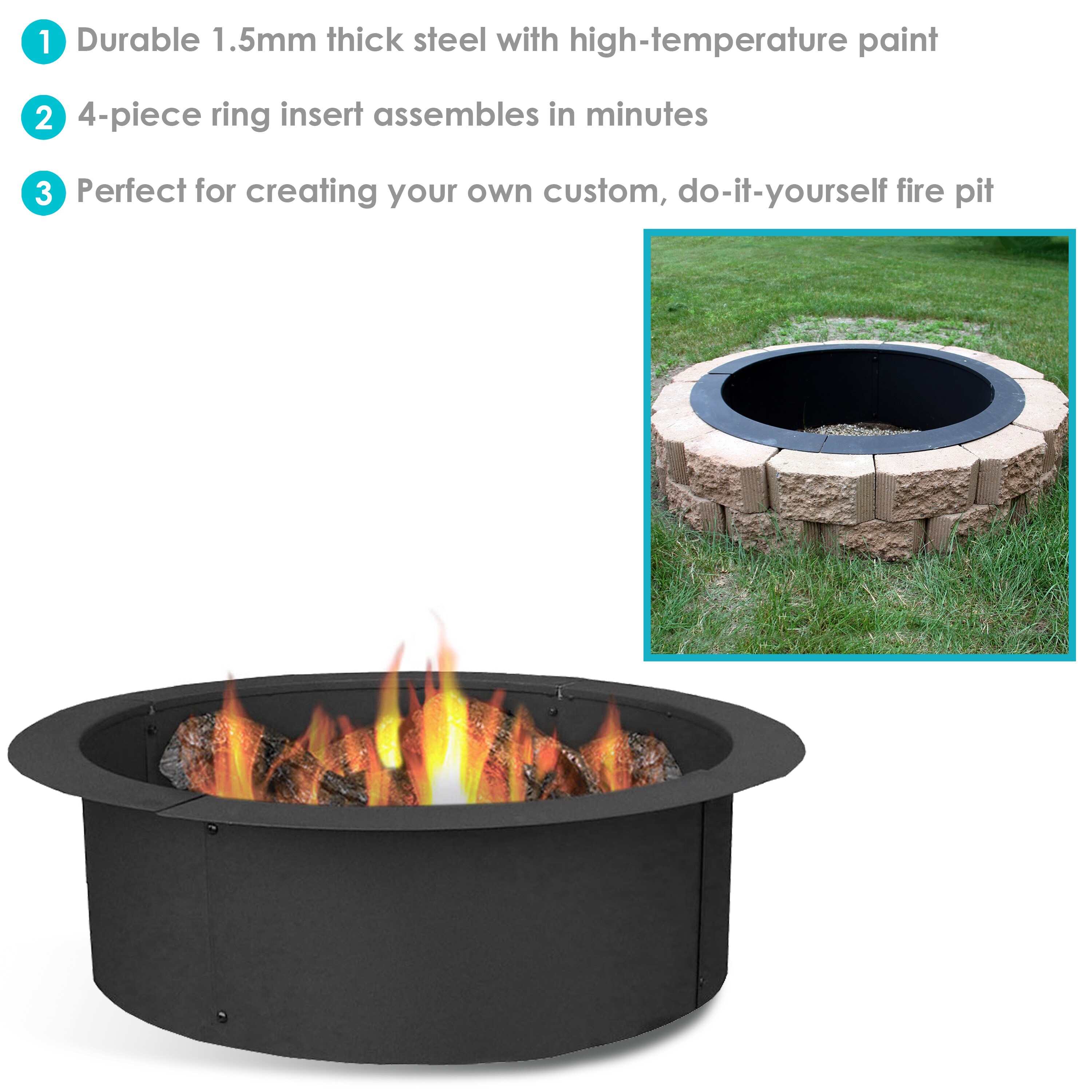 42 Inch Outside x 36 Inch Inside for Patio & Backyard Use Outdoor Portable Wood Burning Fireplace DIY Above or In-Ground Liner Heavy Duty 2mm Think Steel Rim Sunnydaze Fire Pit Ring 