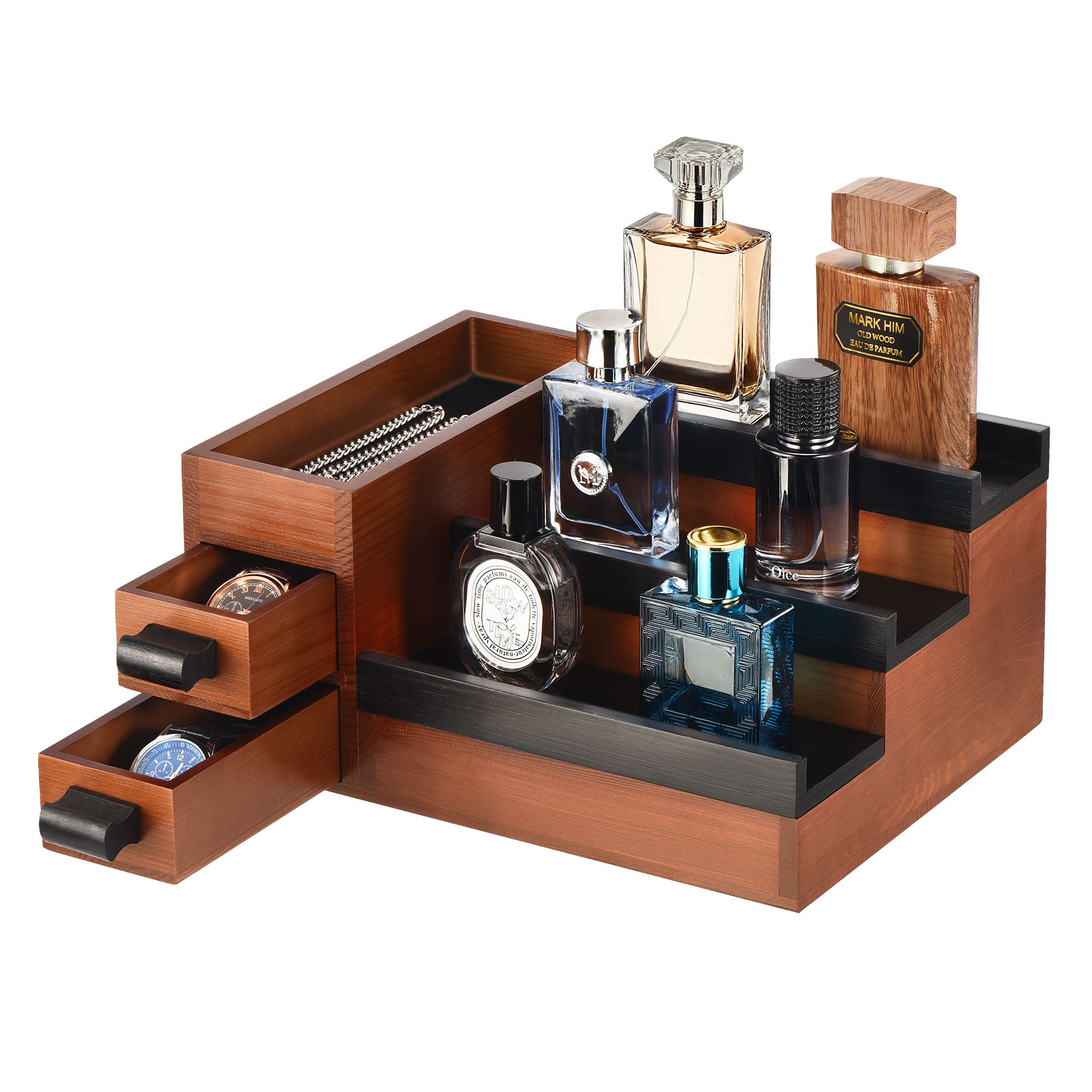 Unique Bargains Perfume Stand Organizer for Men 3 Tier Perfume Display Shelf with Velvet Lining Drawer and Hidden Compartment (Walnut Black - 2 Drawer)