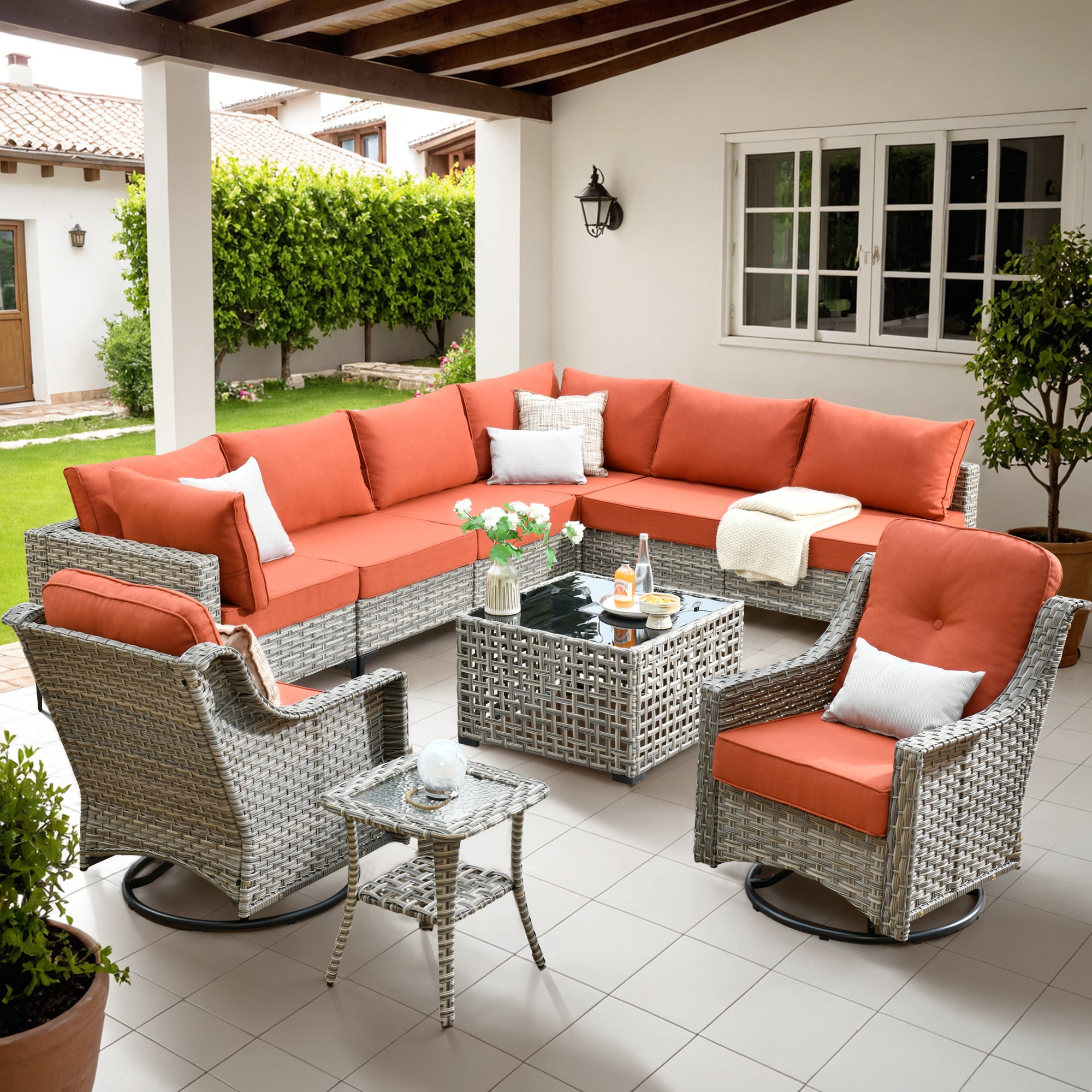 Caodoc L5-YZSKT80C10-1 YZSKT Wicker Outdoor Sofa with Red Cushions and Wicker Frame