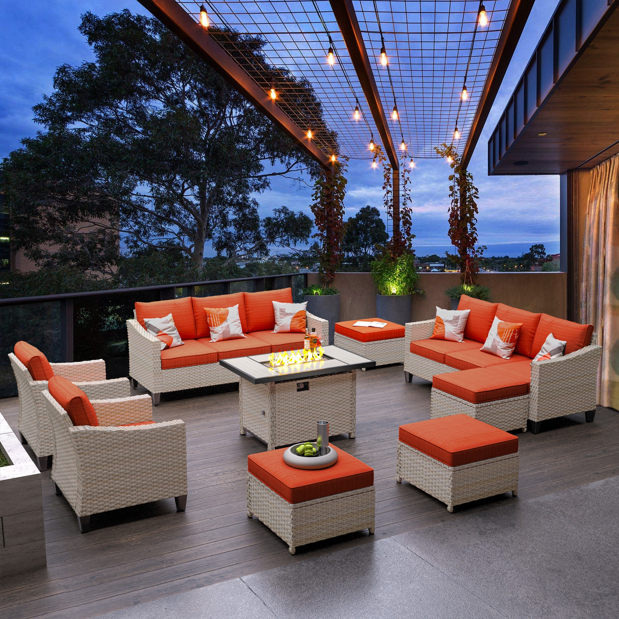 Pouuin SRFPDAR808 9 -Piece Rattan 2 Patio Sofa Conversation Set with Red Cushions