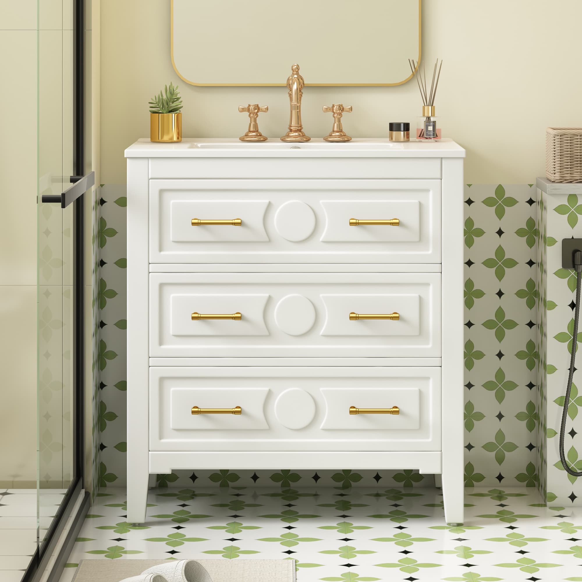 Tinyhomie 30 Bathroom Vanity with Ceramic Sink Combo Free Standing Single Vanity Set with 3 Drawers Solid Wood Frame Bathroom Storage Cabinet White