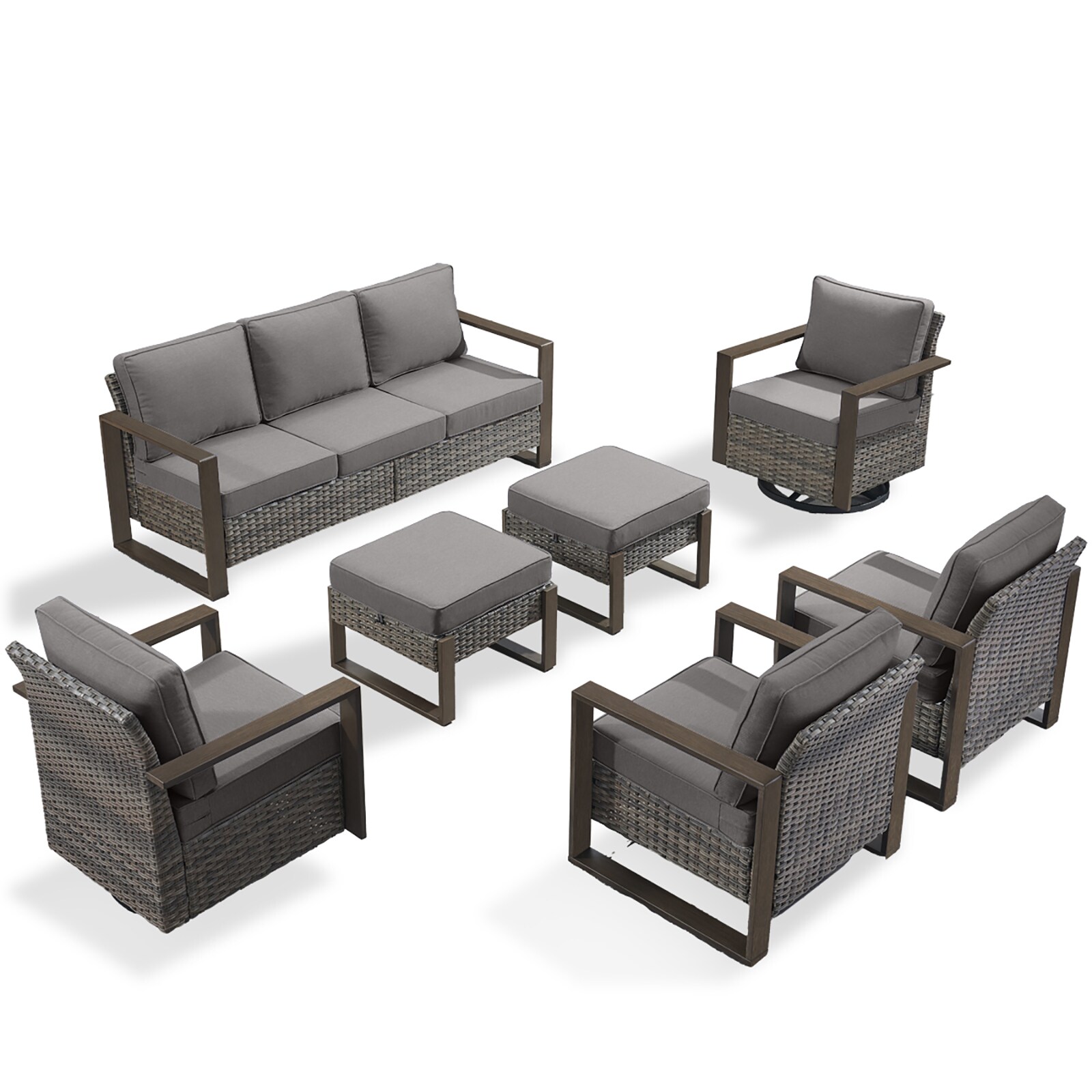 7-Piece Wicker Patio Conversation Set with Gray Cushions | - Rilyson FS127129131137-2