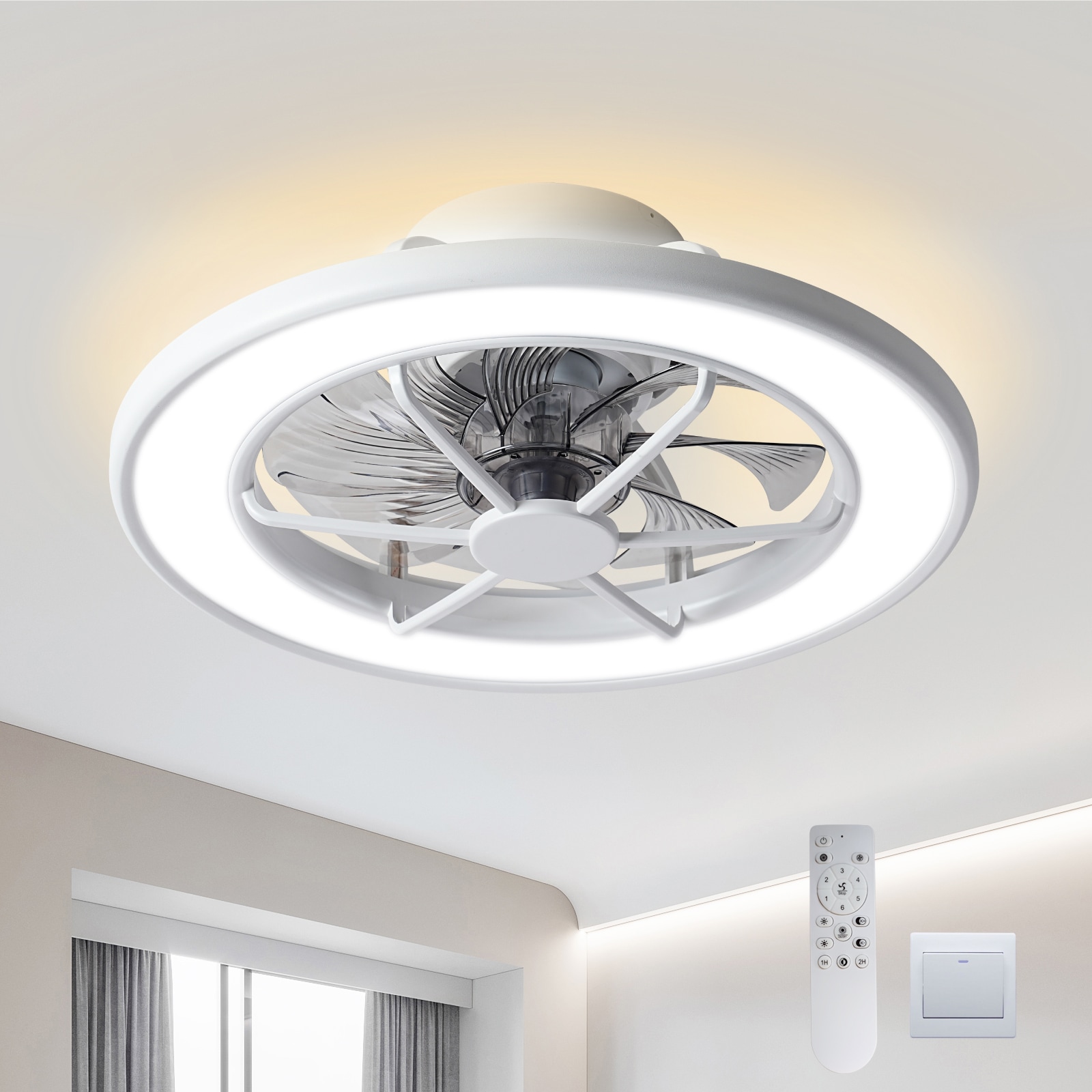ocioc OC18-WE-8X-M2 Modernner 18-in Integrated LED Flush Mount Matte White with Transparent plastic Blades Fandelier Ceiling Fan With Light - Remote Included ( 8 -Blade )