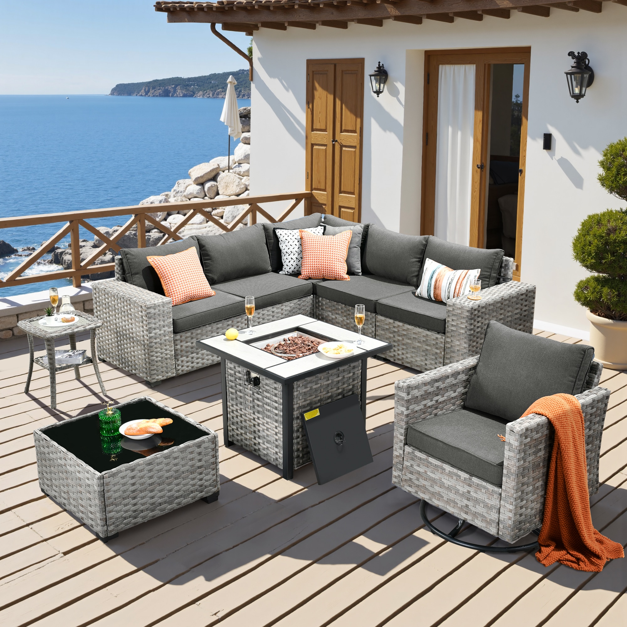 Pouuin SSFPBBR107 5 -Piece Wicker Patio Sofa Conversation Set with Black Cushions
