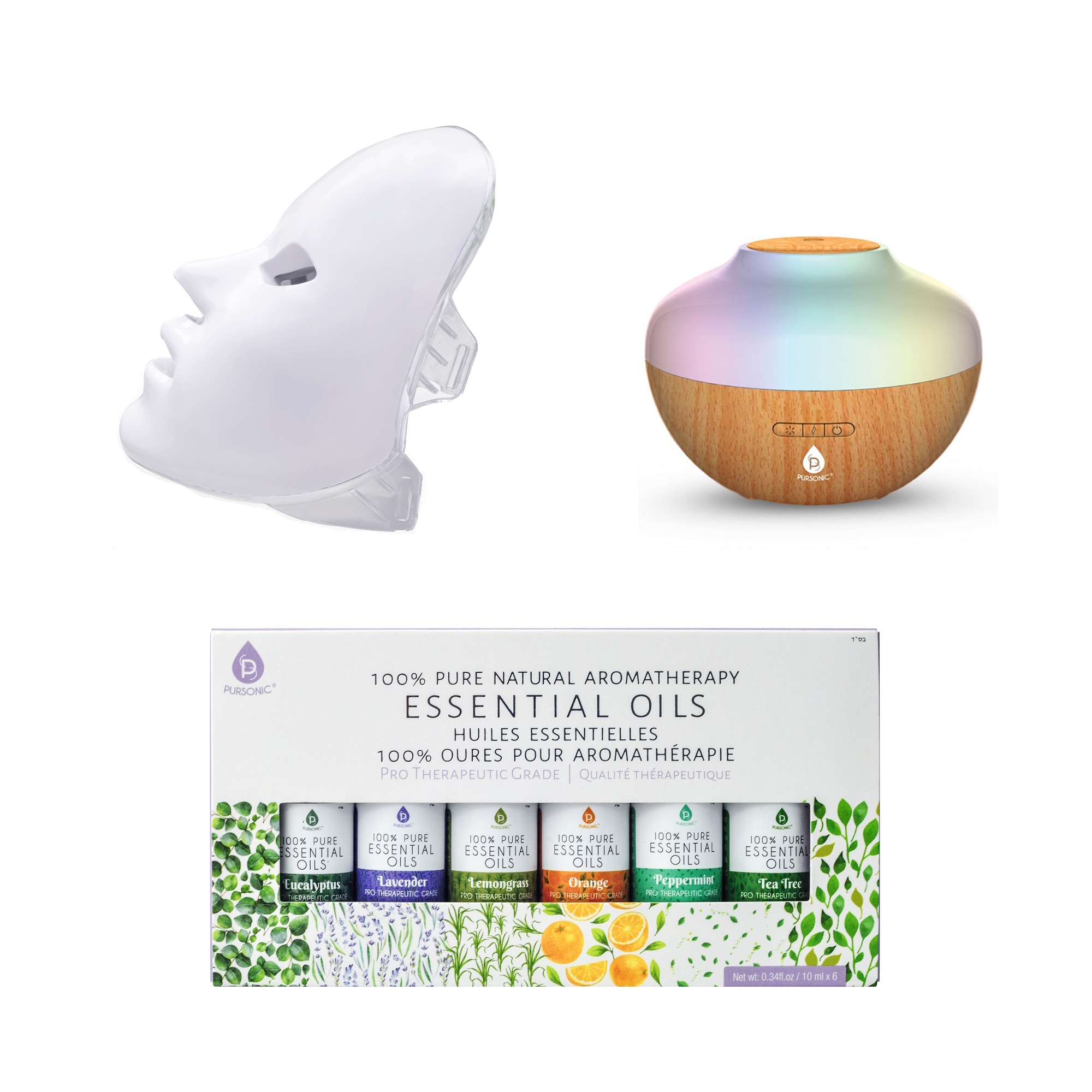 Pursonic Ultimate Self Care Wellness Bundle 7 Color LED Therapy Face Mask Ultrasonic Diffuser and 6 Essential Oils